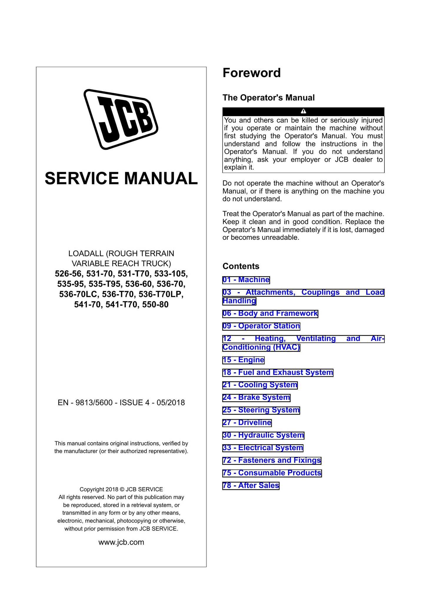 JCB 526-56 531-70 531-T70 533-105 535-95 535-T95 536-60 536-70 536-70LC 536-T70 536-T70LP 541-70 541-T70 550-80 Loadall Factory Workshop Service Manual 9813/5600