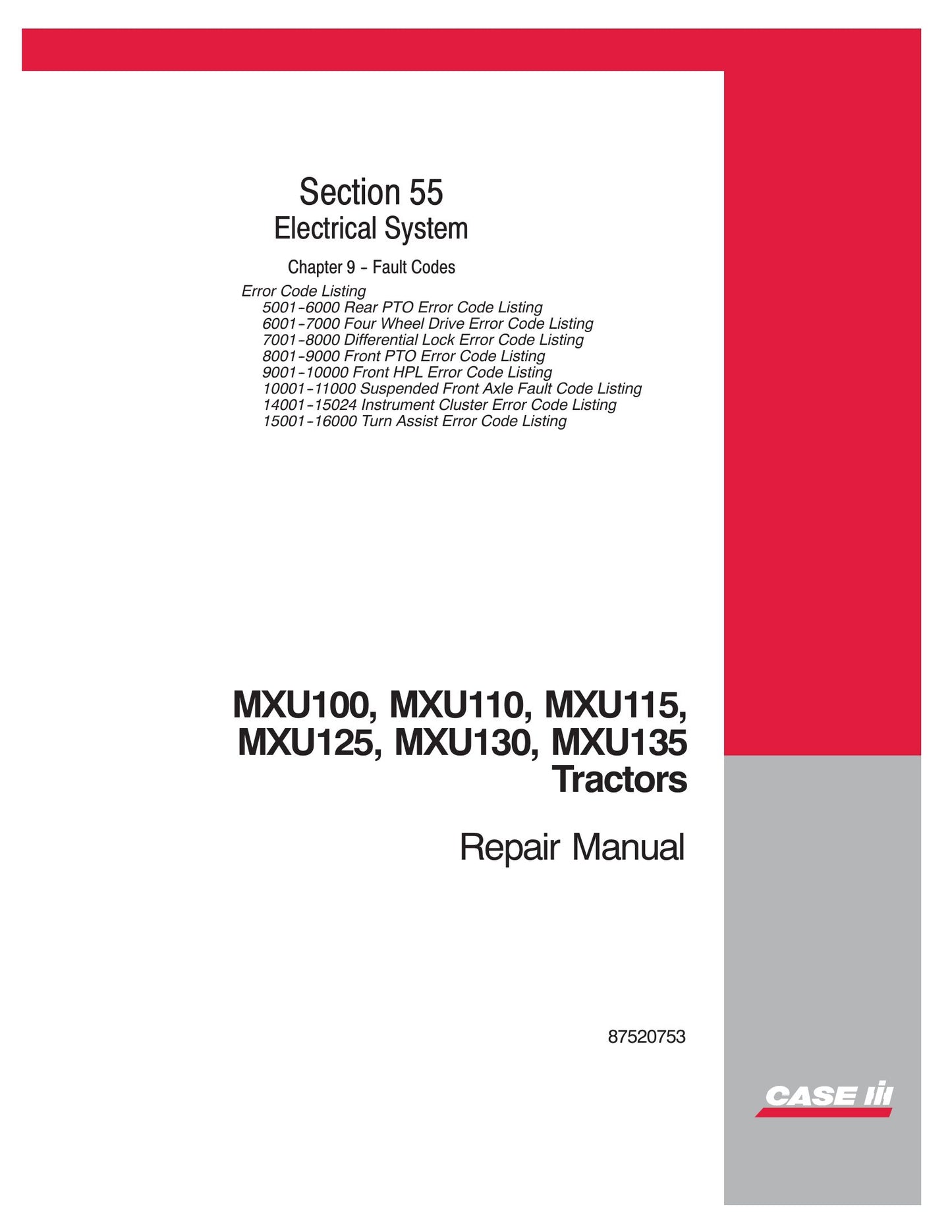 CASE MXU100 MXU110 MXU115 MXU125 MXU130 MXU135 Tractor Factory Workshop Repair Manual 87520742