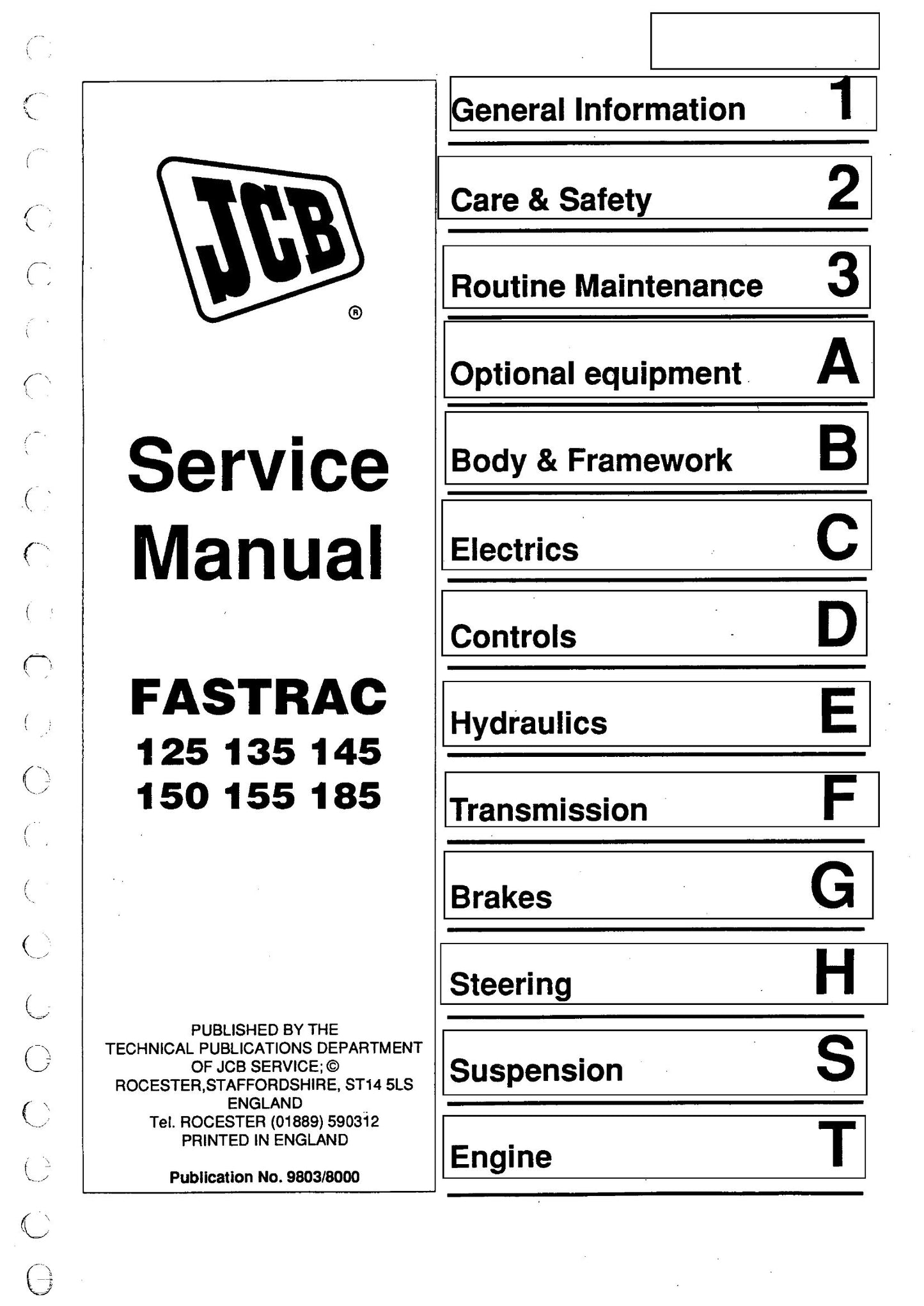 JCB FASTRAC 125 135 145 150 155 185 Tractor Factory Workshop Service Manual 9803/8000