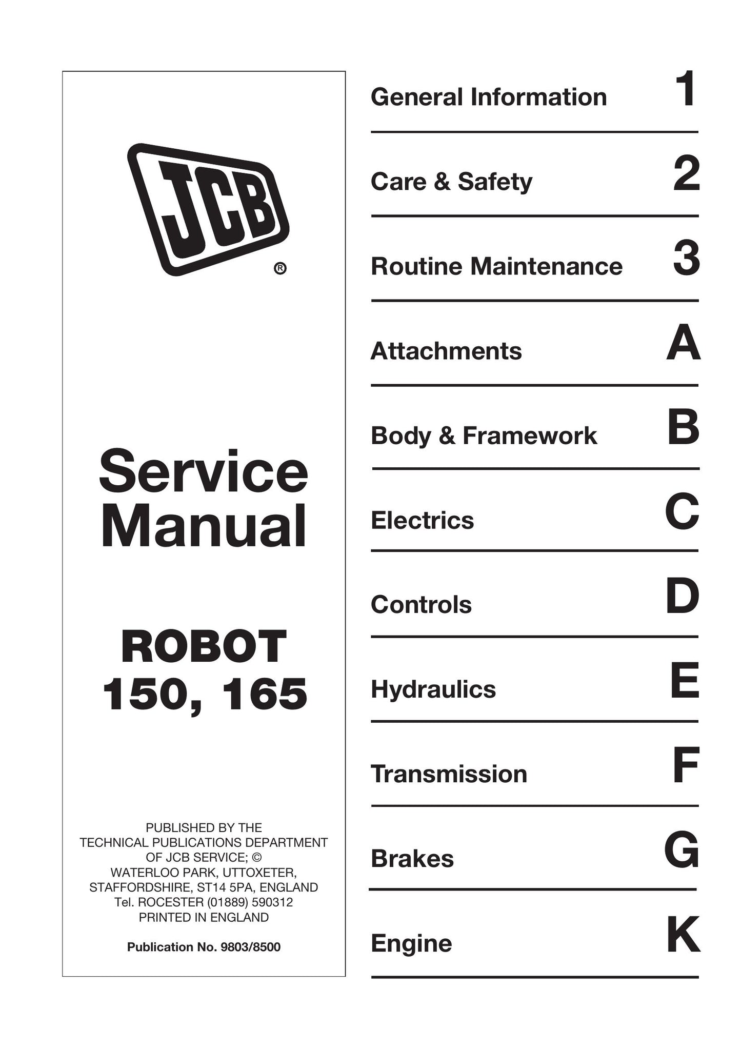 JCB ROBOT 150 165 Skid Steer Loader Factory Workshop Service Manual 9803/8500