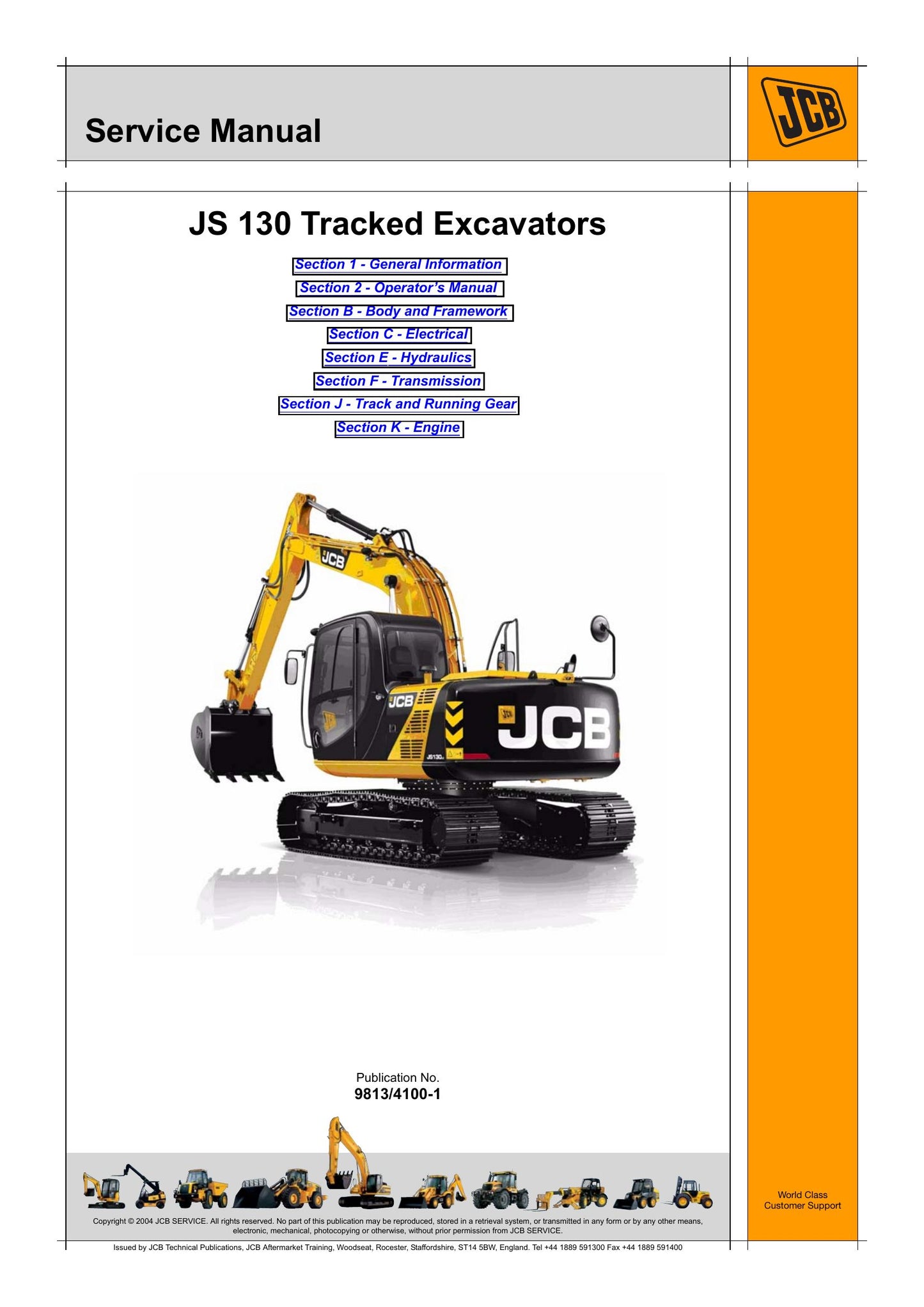 JCB JS130 Tracked Excavator Factory Workshop Service Manual 9813/4100-1
