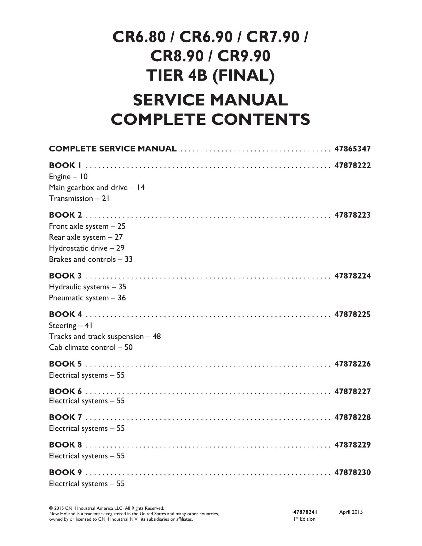 New Holland CR6.80 CR6.90 CR7.90 CR8.90 CR9.90 Combine Factory Workshop Service Manual 47878222