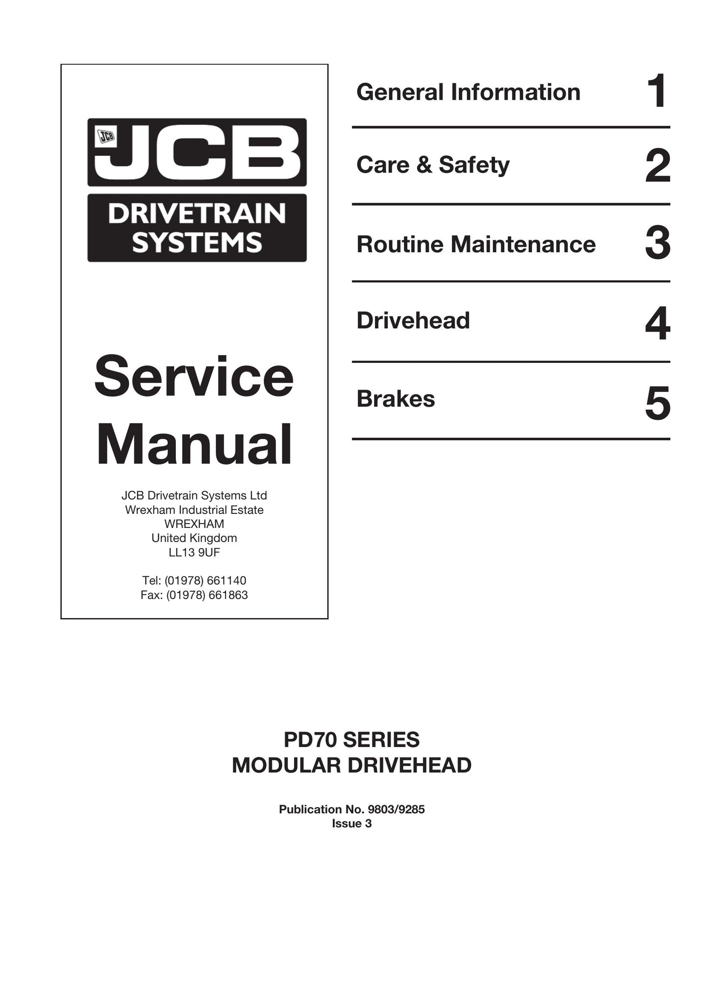 JCB PD70 Axle Factory Workshop Service Manual 9803/9285