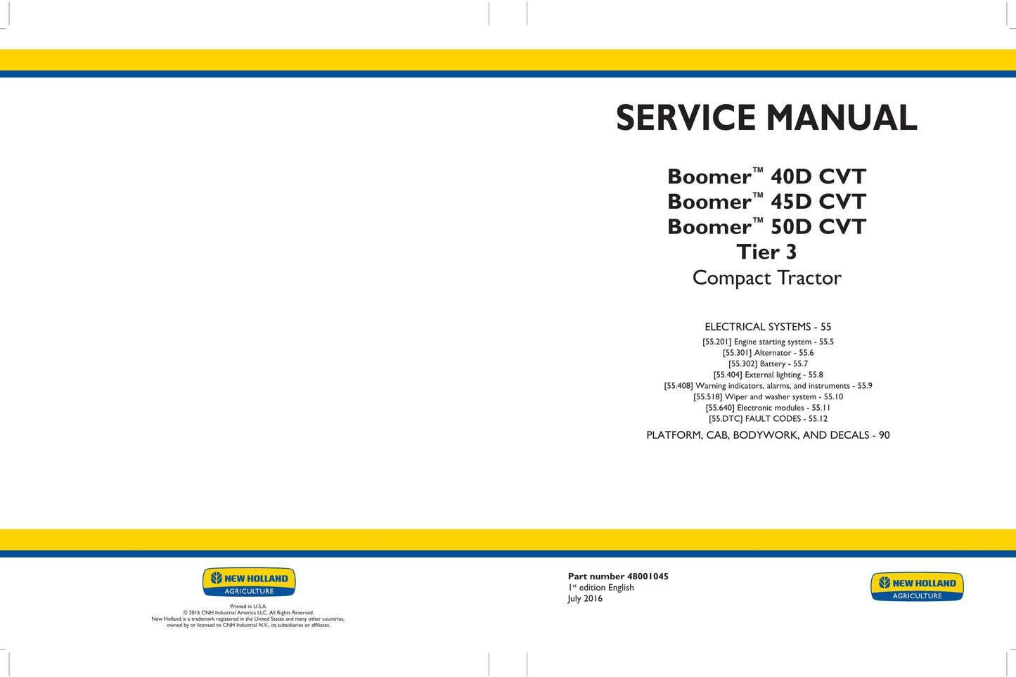 New Holland Boomer 40D CVT Boomer 45D CVT Boomer 50D CVT Compact Tractor Factory Workshop Service Manual 48001043