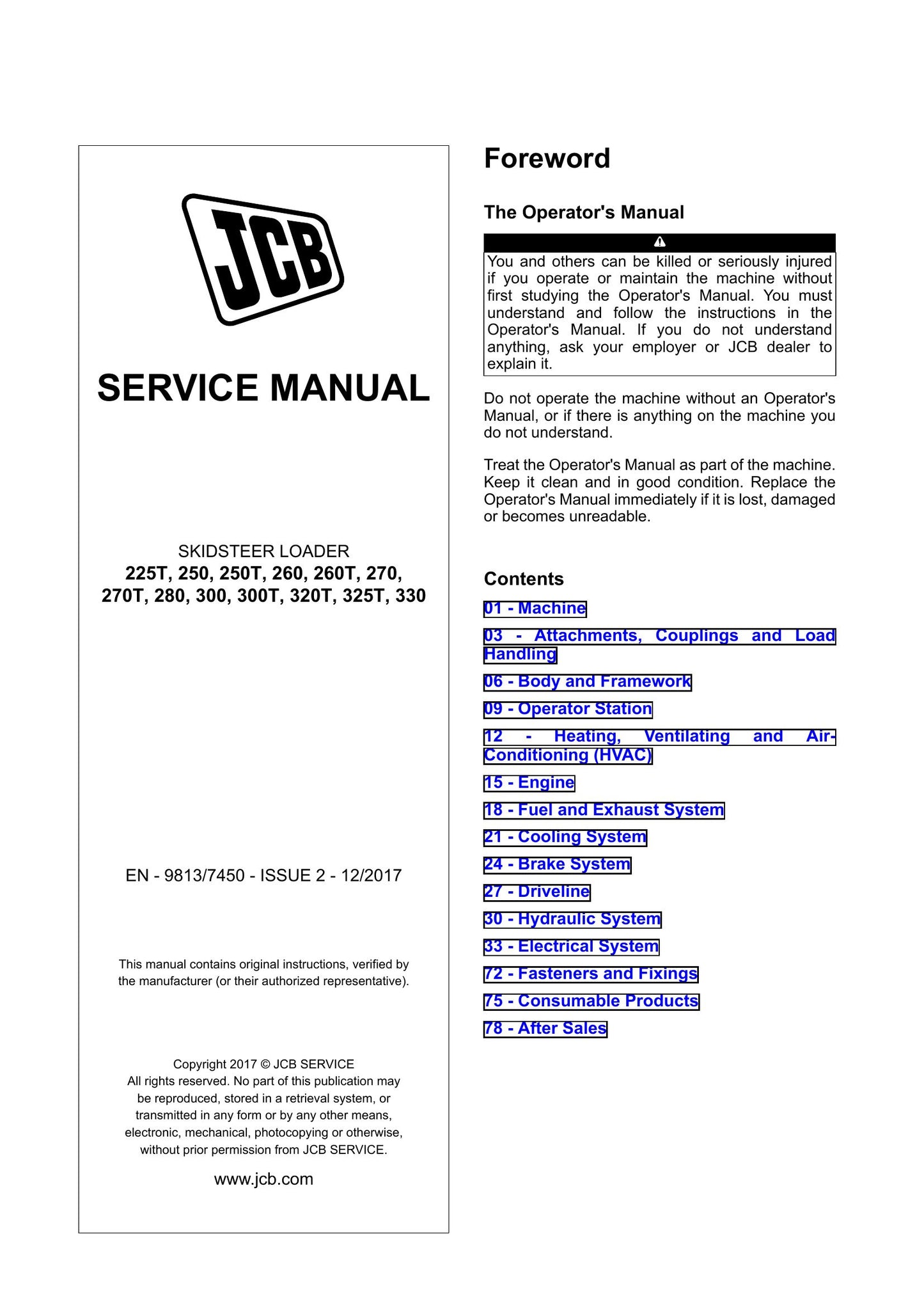JCB 225T 250 250T 260 260T 270 270T 280 300 300T 320T 325T 330 Skid Steer Loader Factory Workshop Service Manual 9813/7450