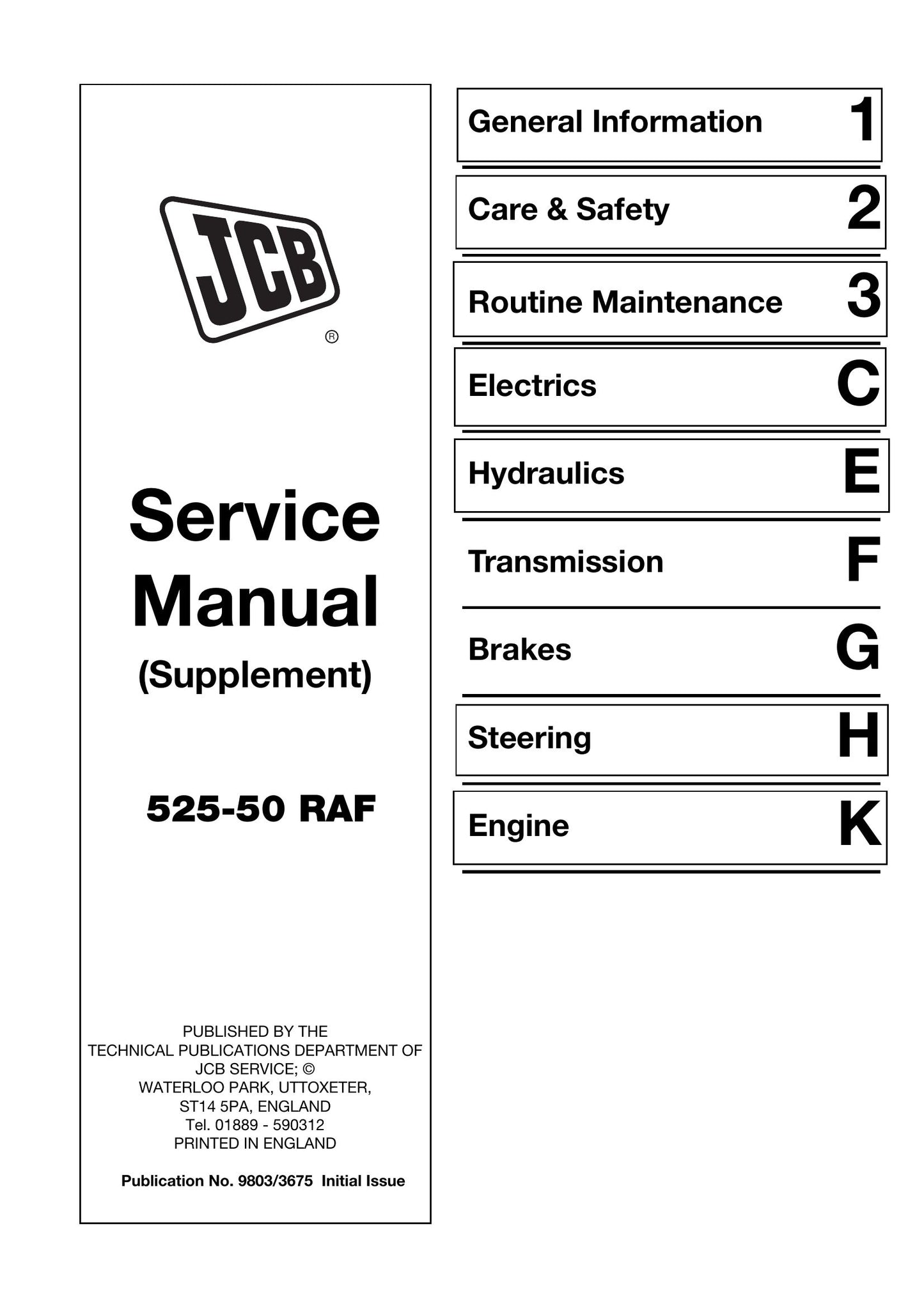 JCB 525-50RAF Loadall Factory Workshop Service Manual 9803/3675