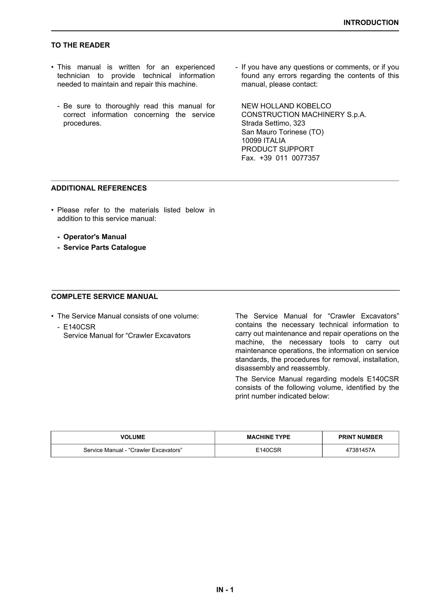 New Holland E140CSR Crawler Excavator Factory Workshop Service Manual 47381457A