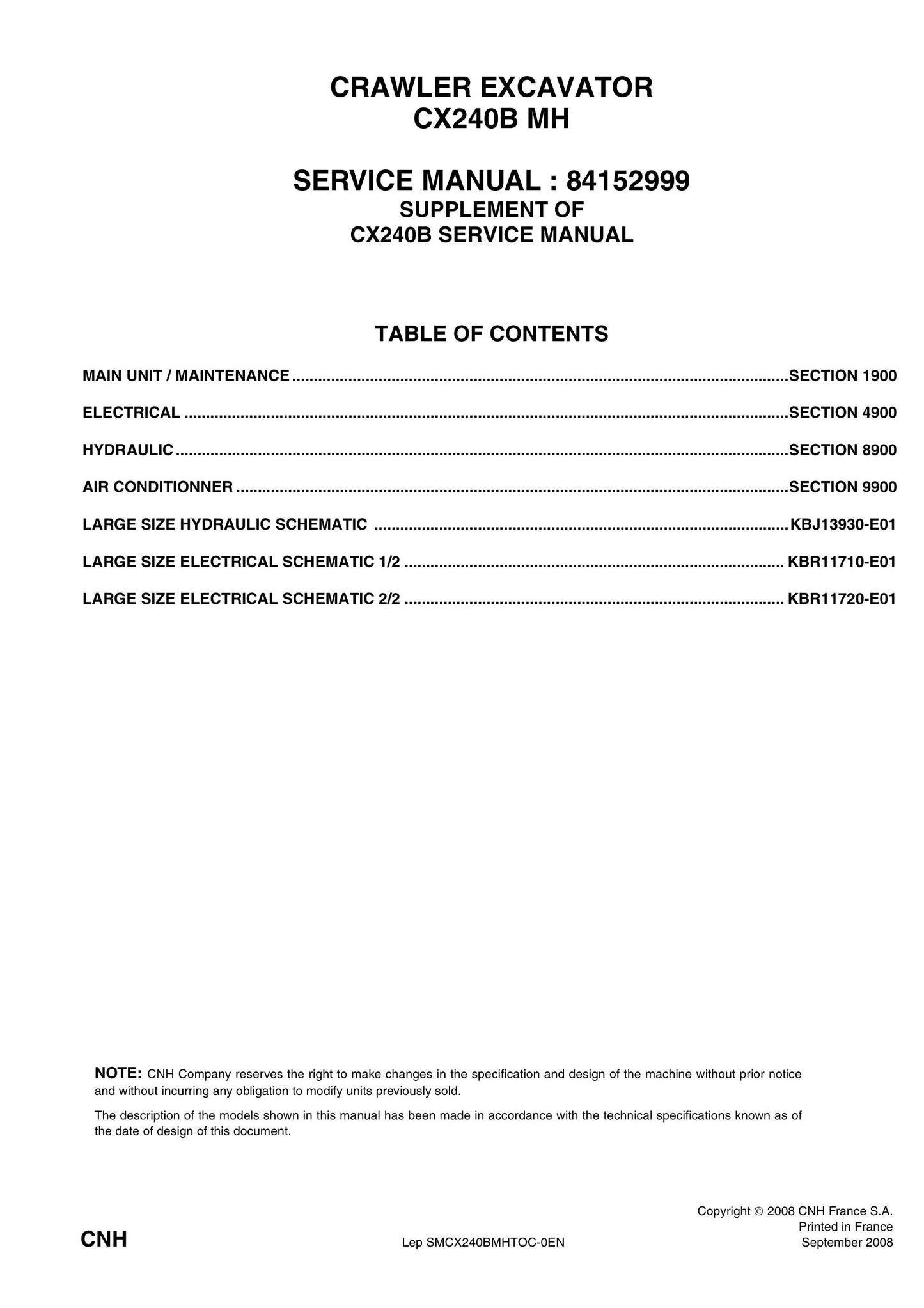 CASE CX240B MH Crawler Excavator Factory Workshop Service Manual 84152999