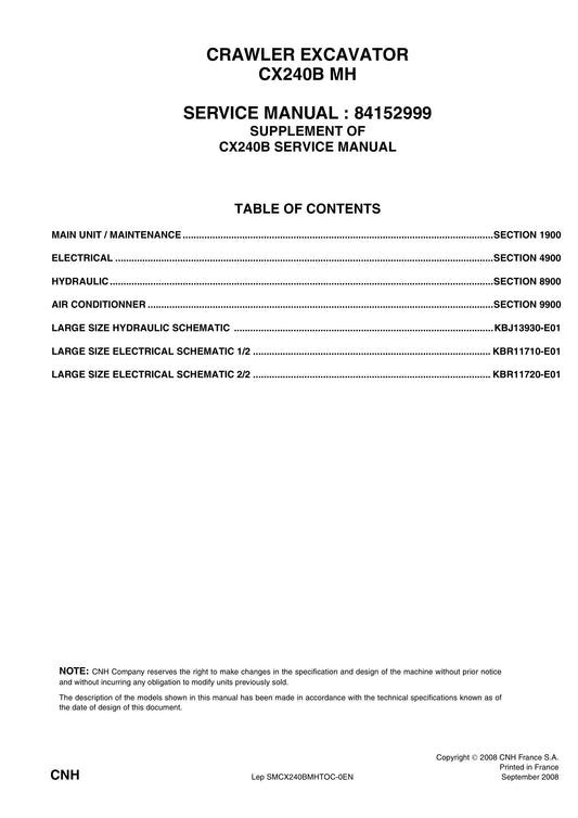 CASE CX240B MH Crawler Excavator Factory Workshop Service Manual 84152999