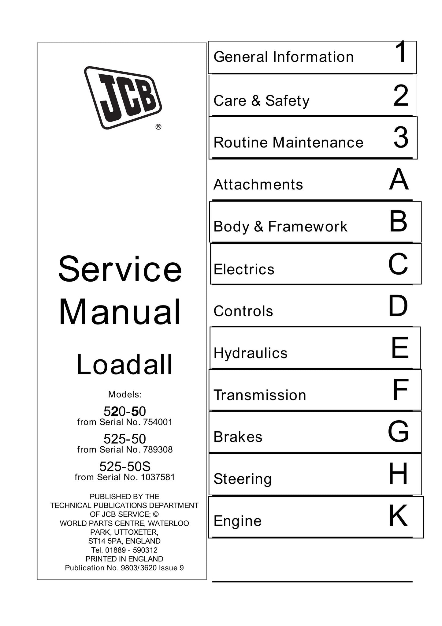 JCB 520-50 525-50 525-50S Loadall Factory Workshop Service Manual 9803/3620