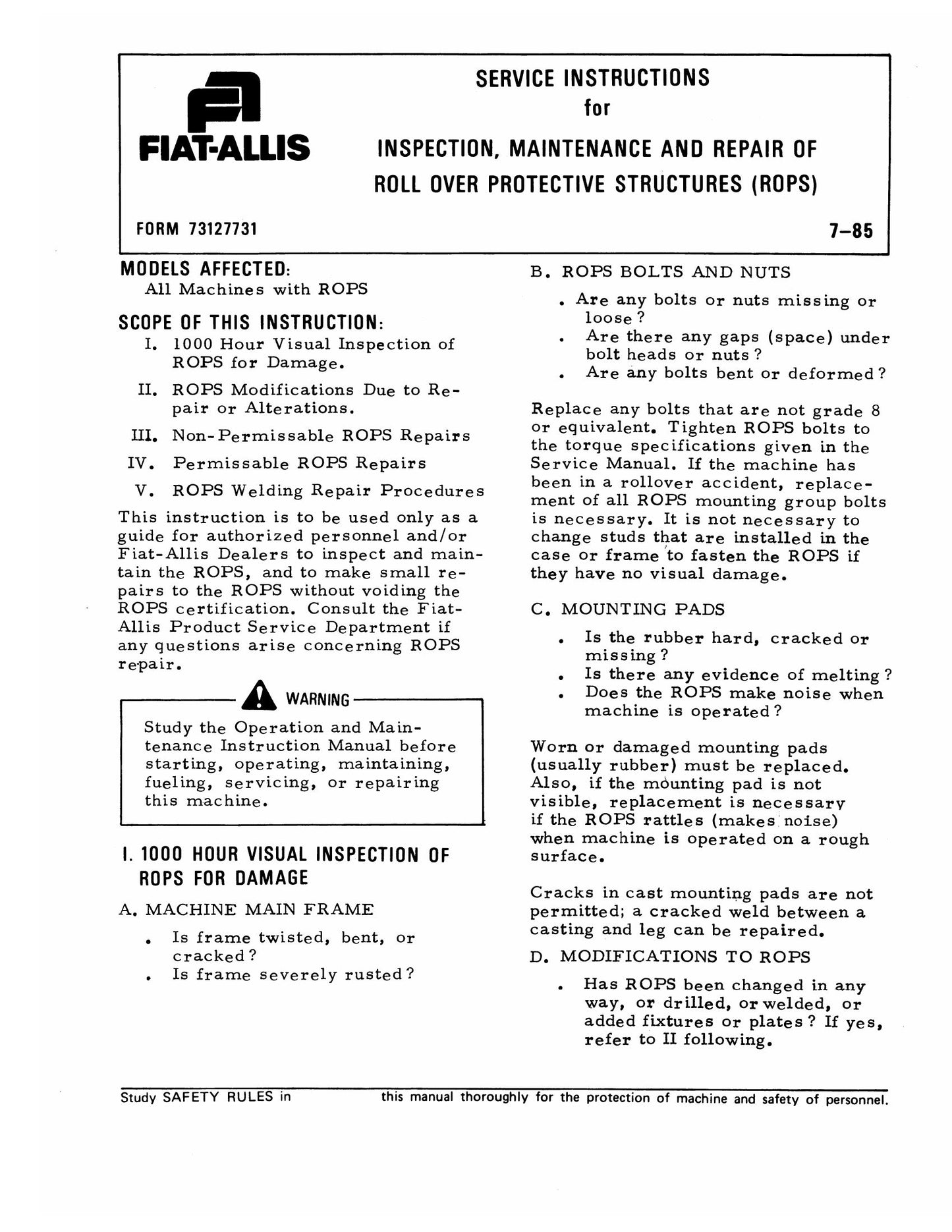 Fiat-Allis All Machines with ROPS Roll Over Protective Structures (ROPS) Service Instructions 73127731