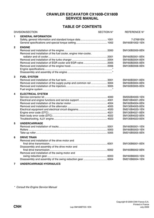 CASE CX160B CX180B Crawler Excavator Factory Workshop Service Manual