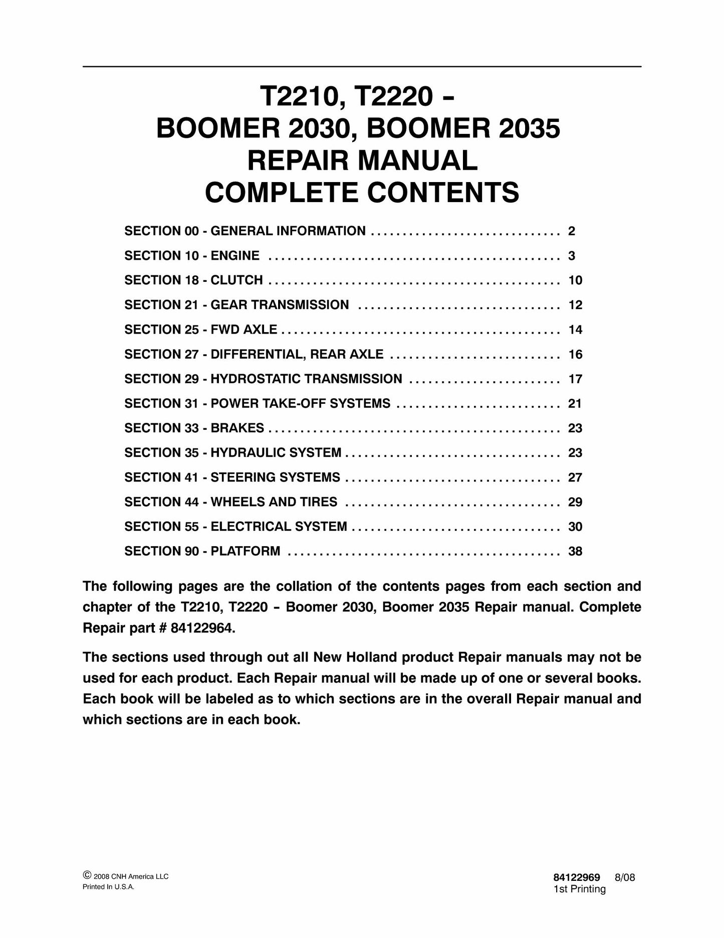 New Holland T2210 T2220 Boomer 2030 Boomer 2035 Tractor Factory Workshop Repair Manual 84122964
