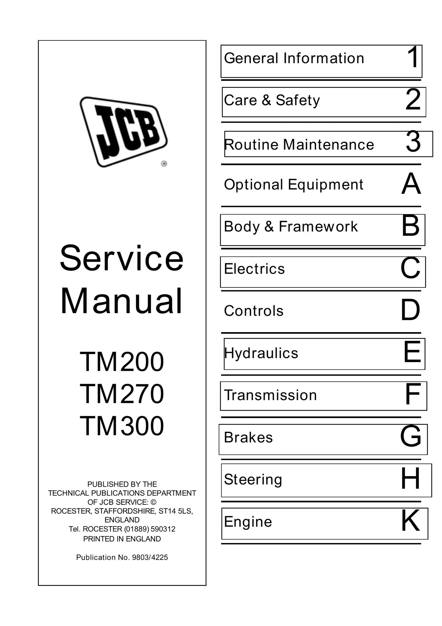 JCB TM200 TM270 TM300 Telehandler Factory Workshop Service Manual 9803/4225
