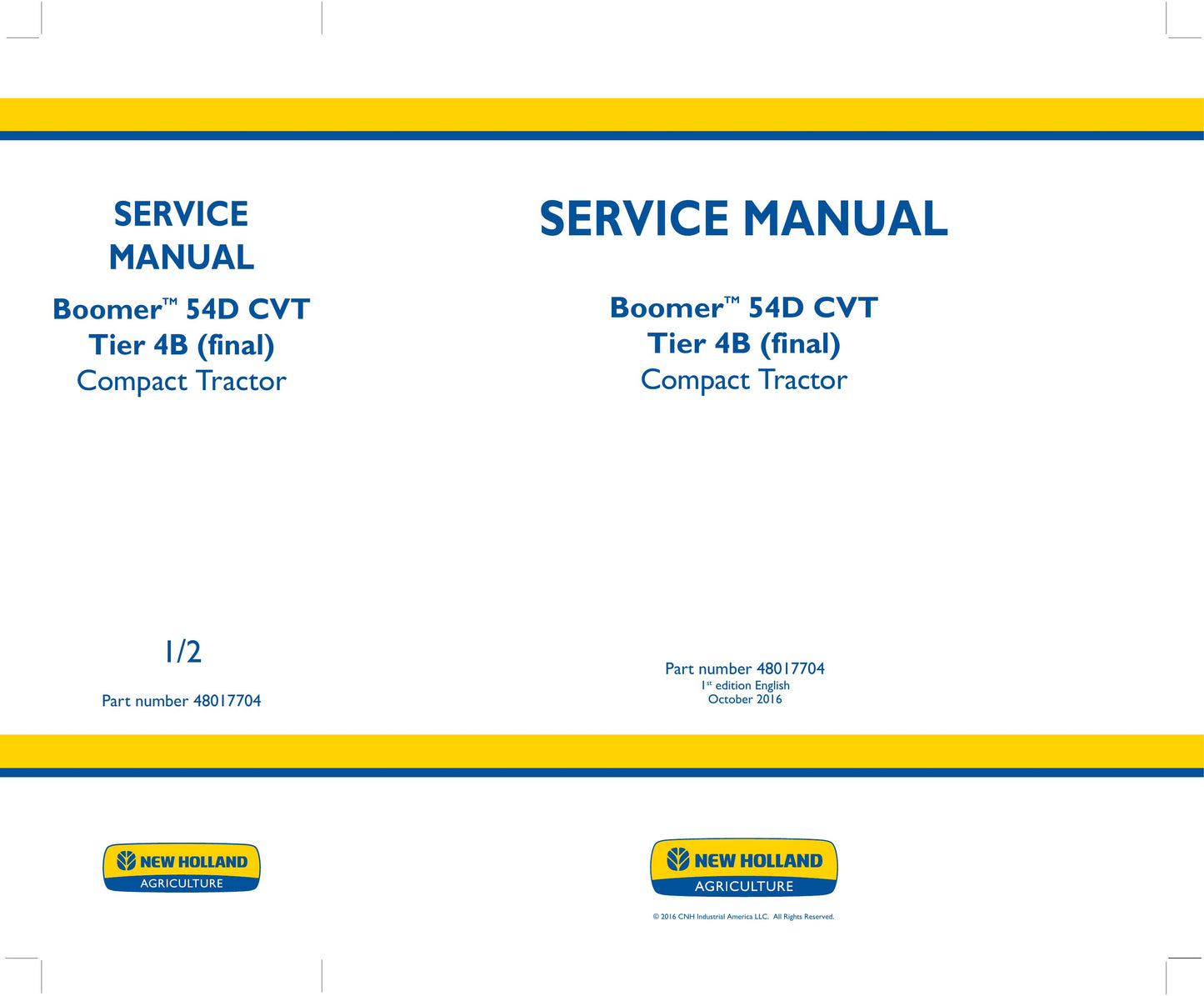 New Holland Boomer 54D CVT Tractor Factory Workshop Service Manual 48017704