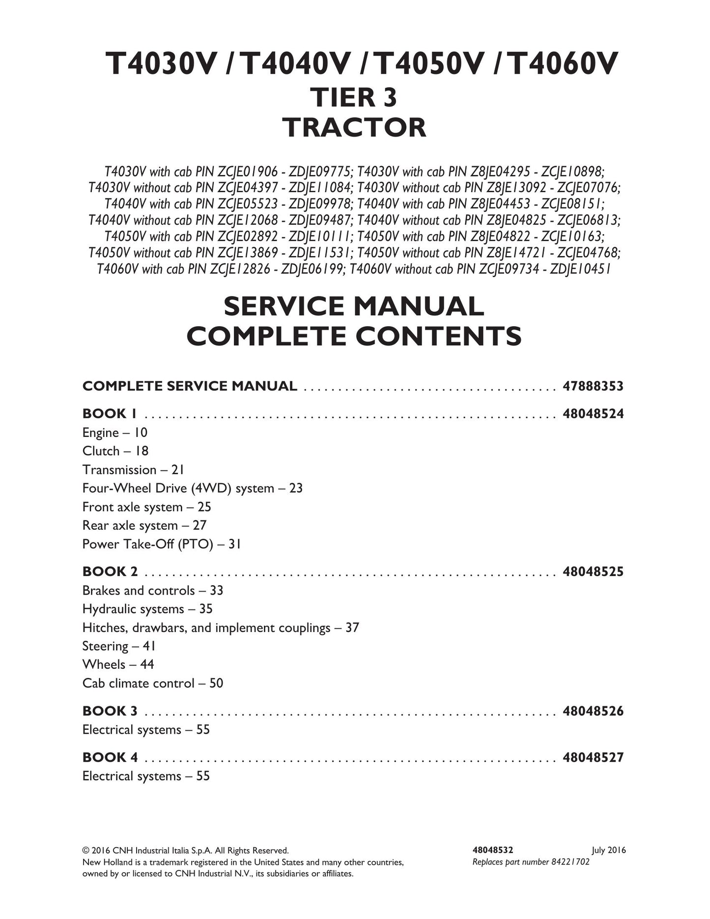 New Holland T4030V T4040V T4050V T4060V Tractor Factory Workshop Service Manual 48048525