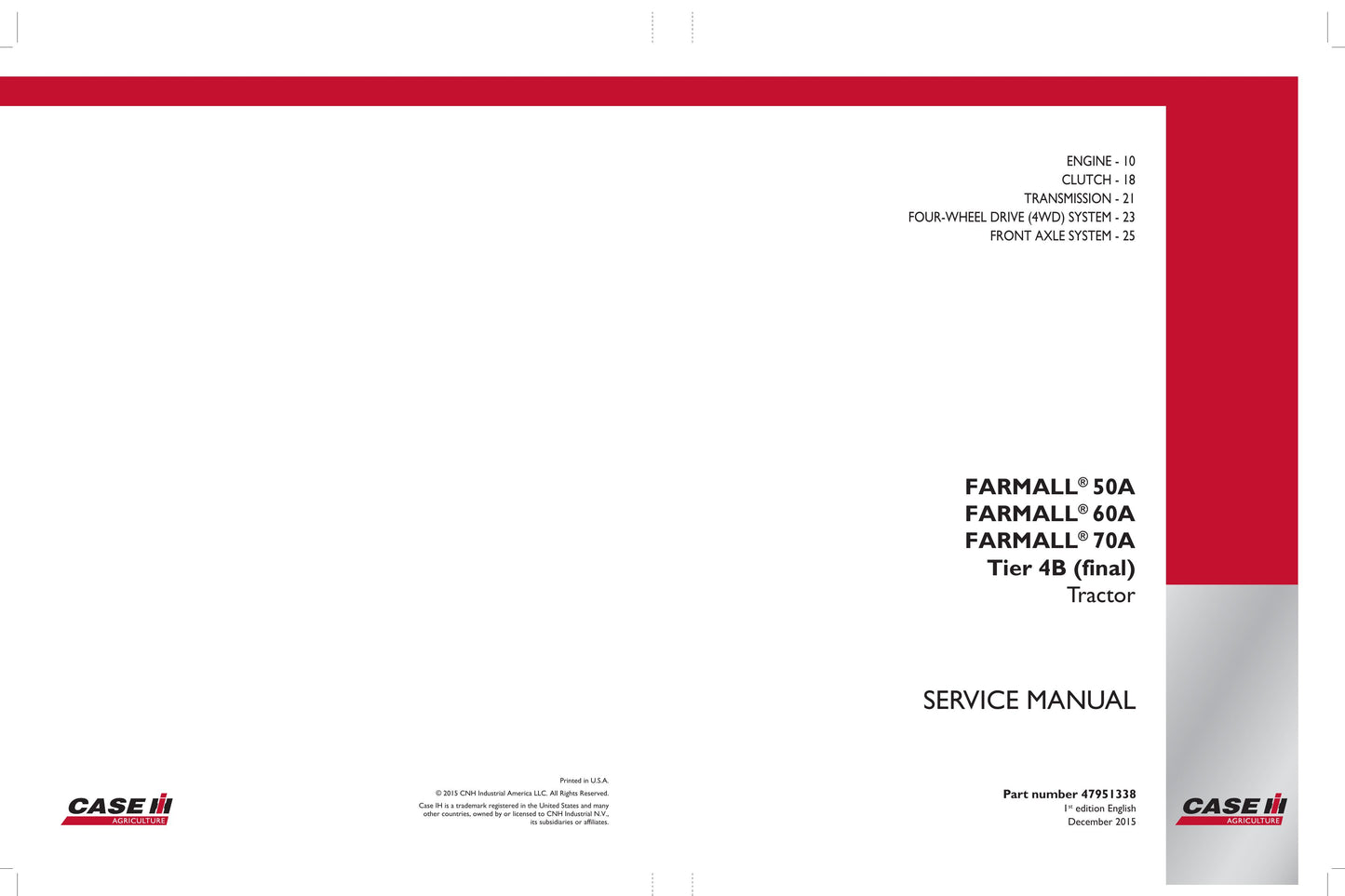CASE Farmall 50A Farmall 60A Farmall 70A Tractor Factory Workshop Service Manual 47951338