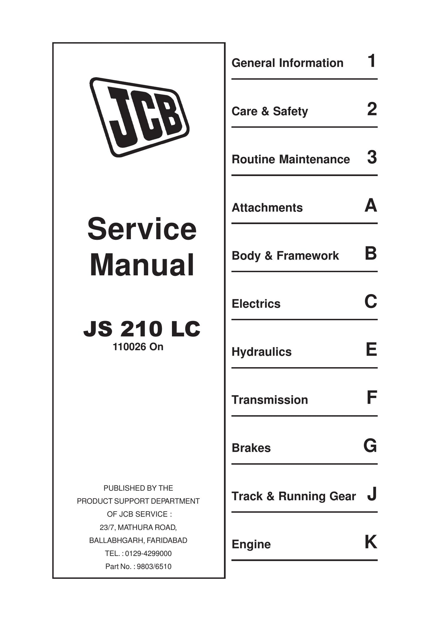JCB JS210 LC Crawler Excavator Factory Workshop Service Manual 9803/6510