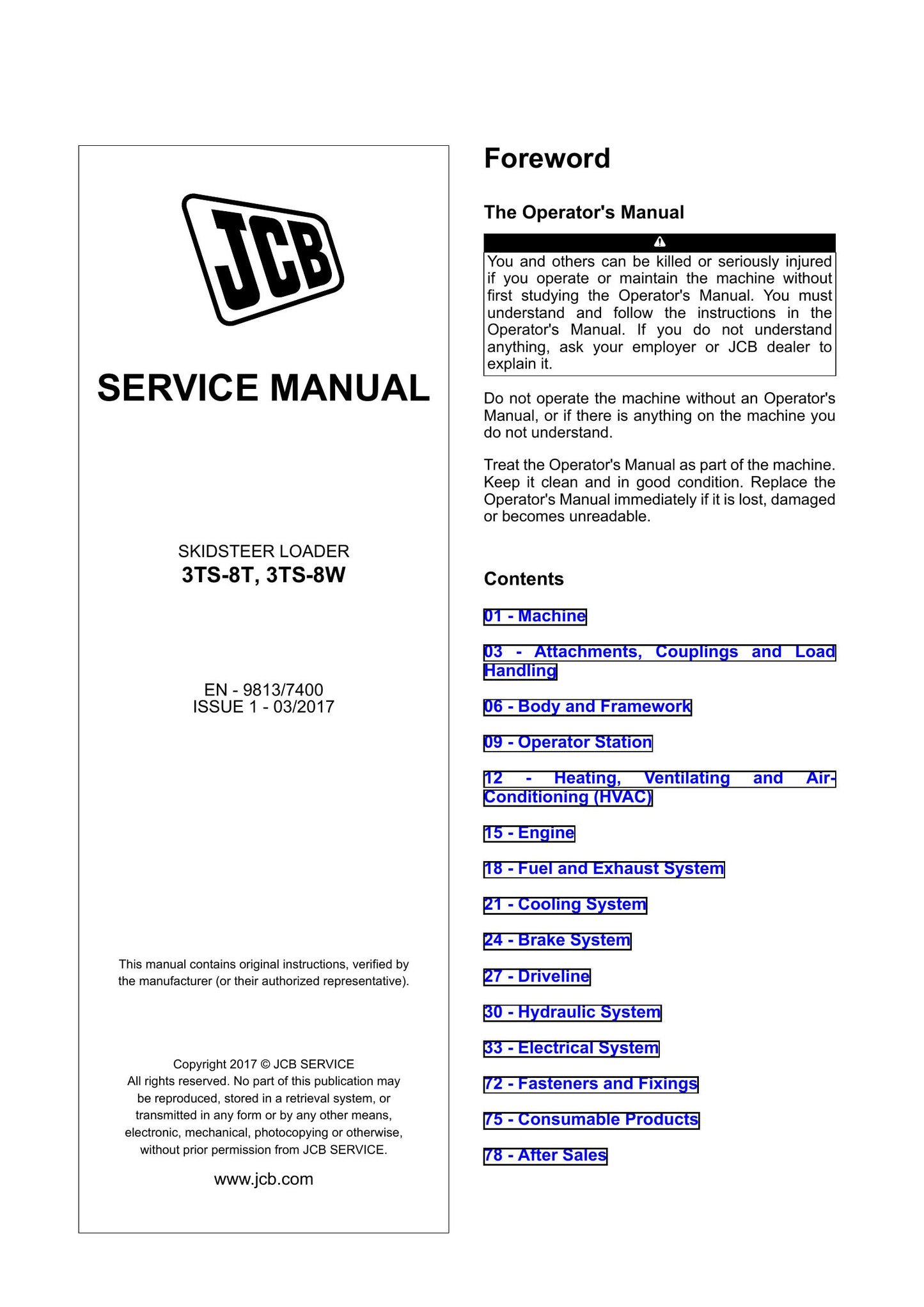 JCB 3TS-8T 3TS-8W Skid Steer Loader Factory Workshop Service Manual 9813/7400