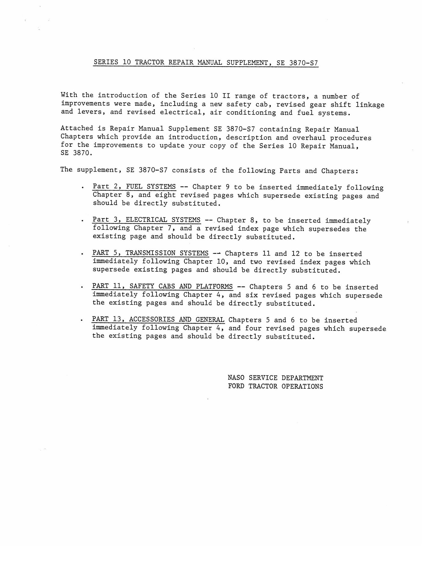 Ford 5610 6610 7610 Series 10 Tractor Factory Workshop Repair Manual Supplement SE 3870-S7