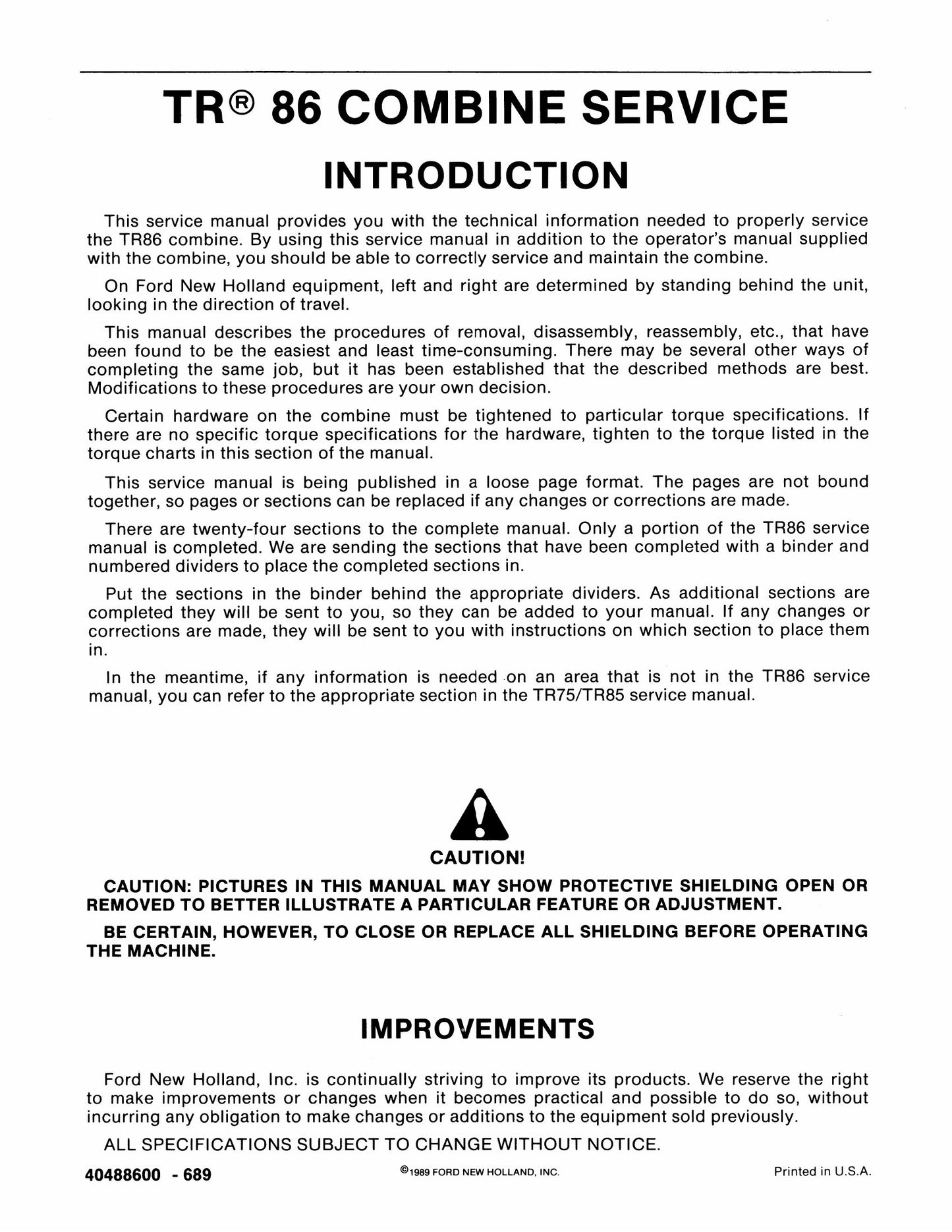 New Holland TR86 Combine Factory Workshop Service Manual
