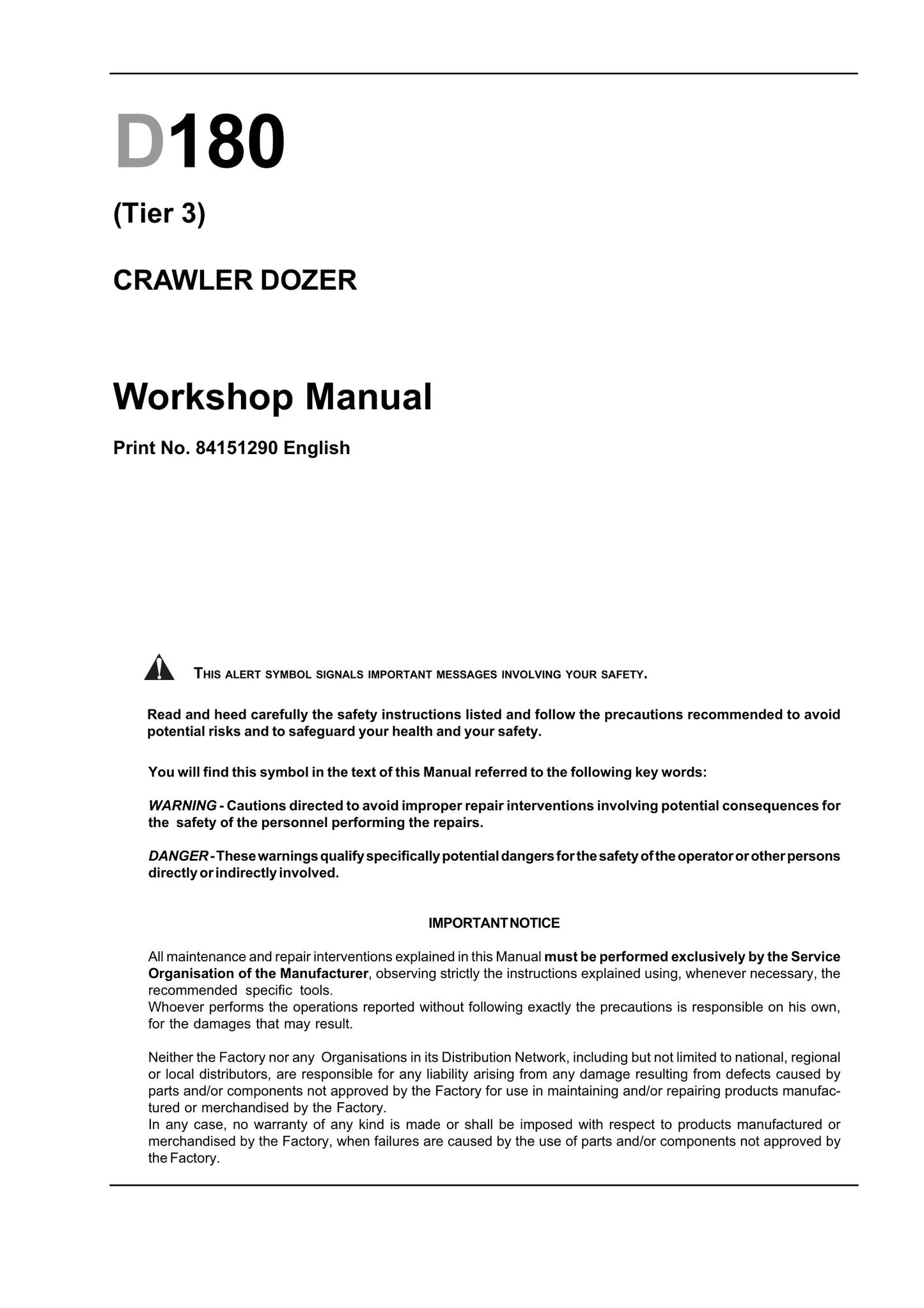Fiat D180 Bulldozer Workshop Manual 84151290