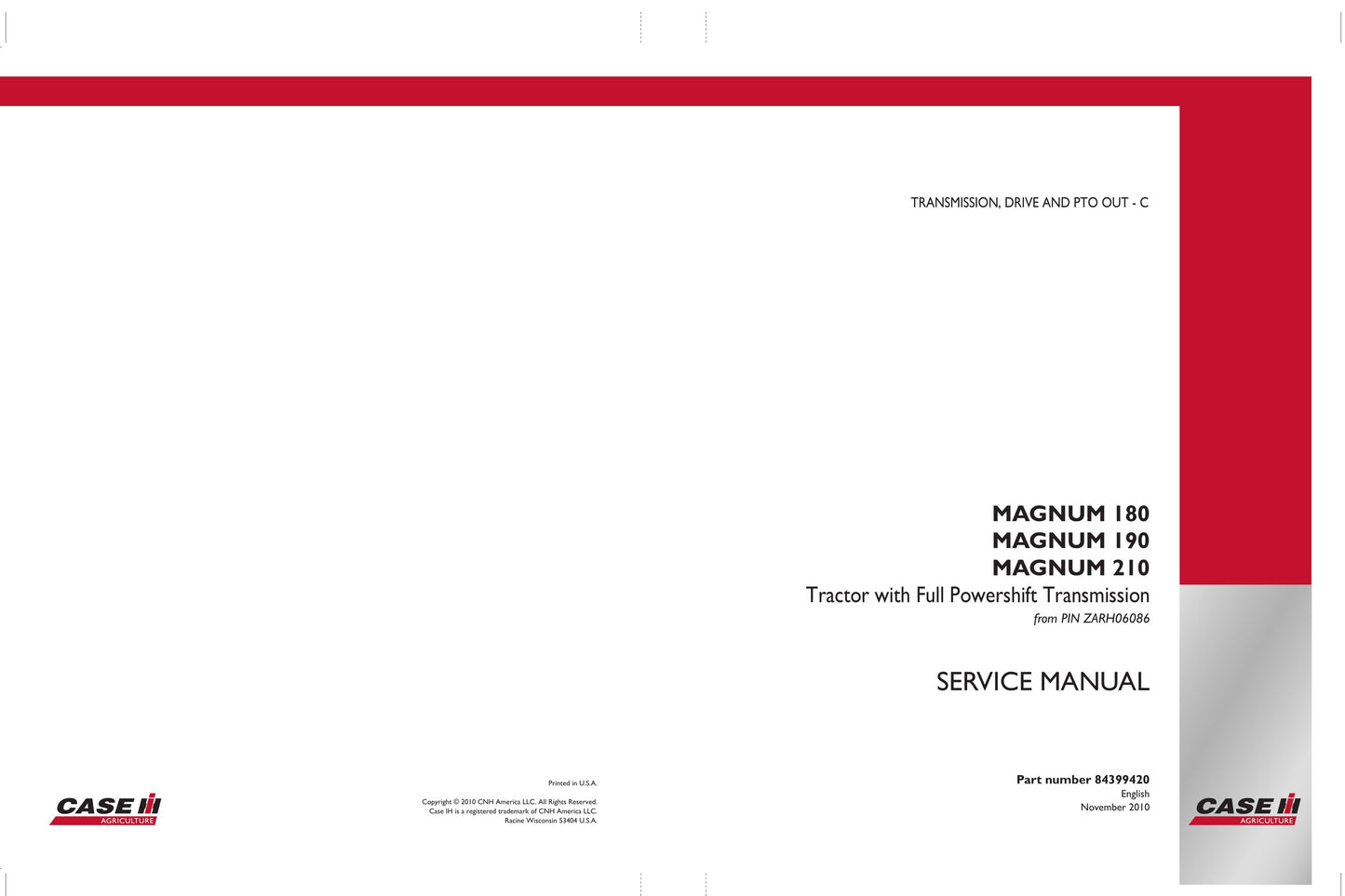 CASE MAGNUM 180 MAGNUM 190 MAGNUM 210 Tractor Factory Workshop Service Manual 84399414