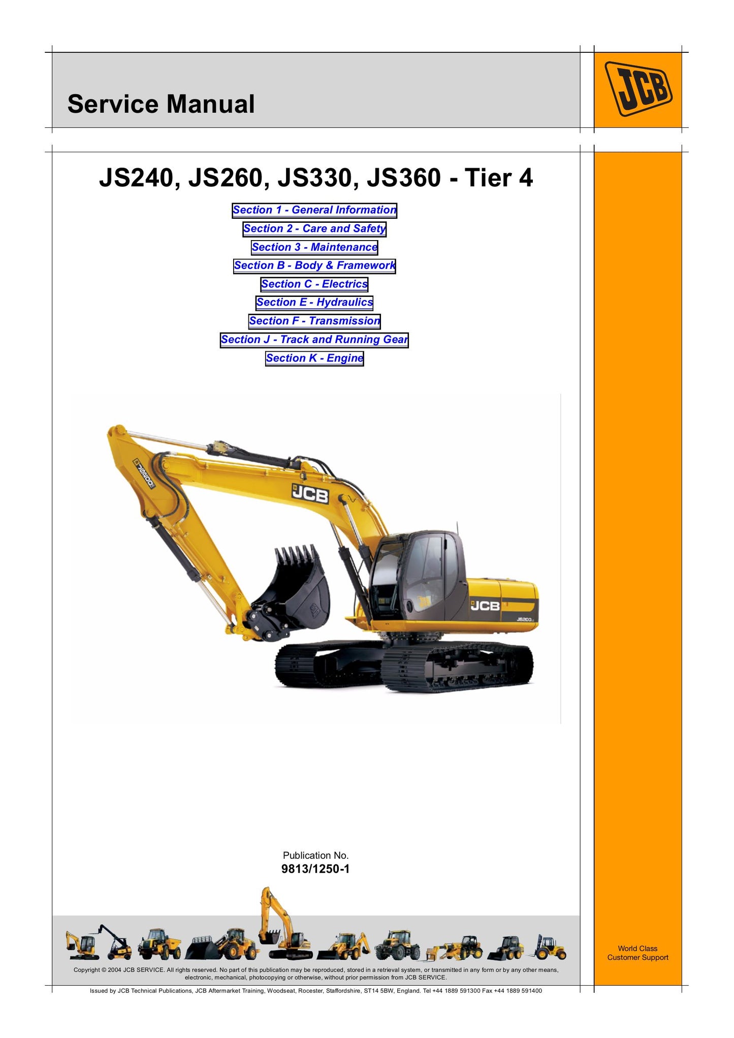 JCB JS240 JS260 JS330 JS360 Crawler Excavator Factory Workshop Service Manual 9813/1250-1