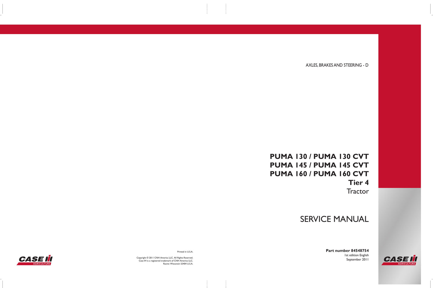 CASE PUMA 130 PUMA 130 CVT PUMA 145 PUMA 145 CVT PUMA 160 PUMA 160 CVT Tractor Factory Workshop Service Manual 84548749