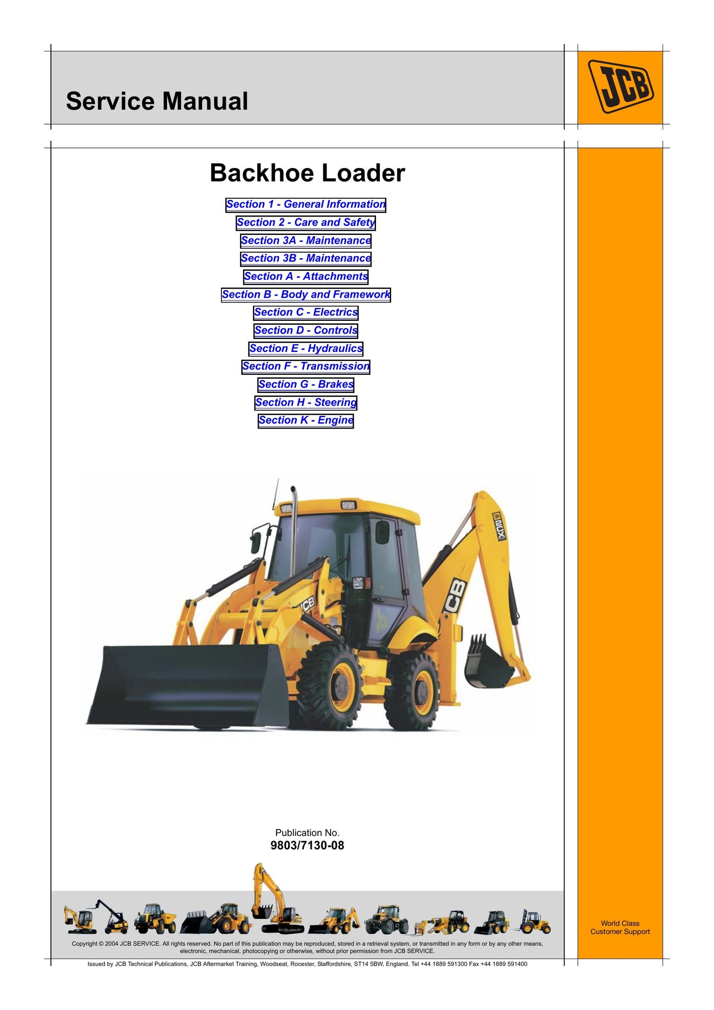 JCB 2CX 2CXU 210S 210SU Backhoe Loader Factory Workshop Service Manual 9803/7130-08