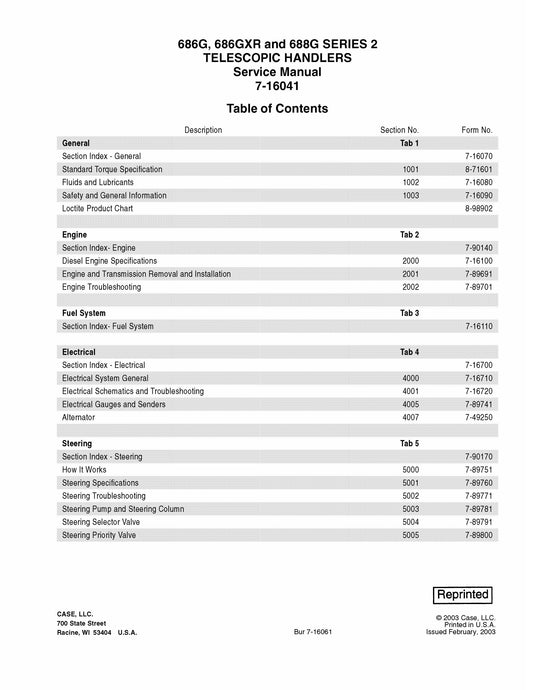 CASE 686G 686GXR 688G SERIES 2 Telescopic Handler Factory Workshop Service Manual 7-16041