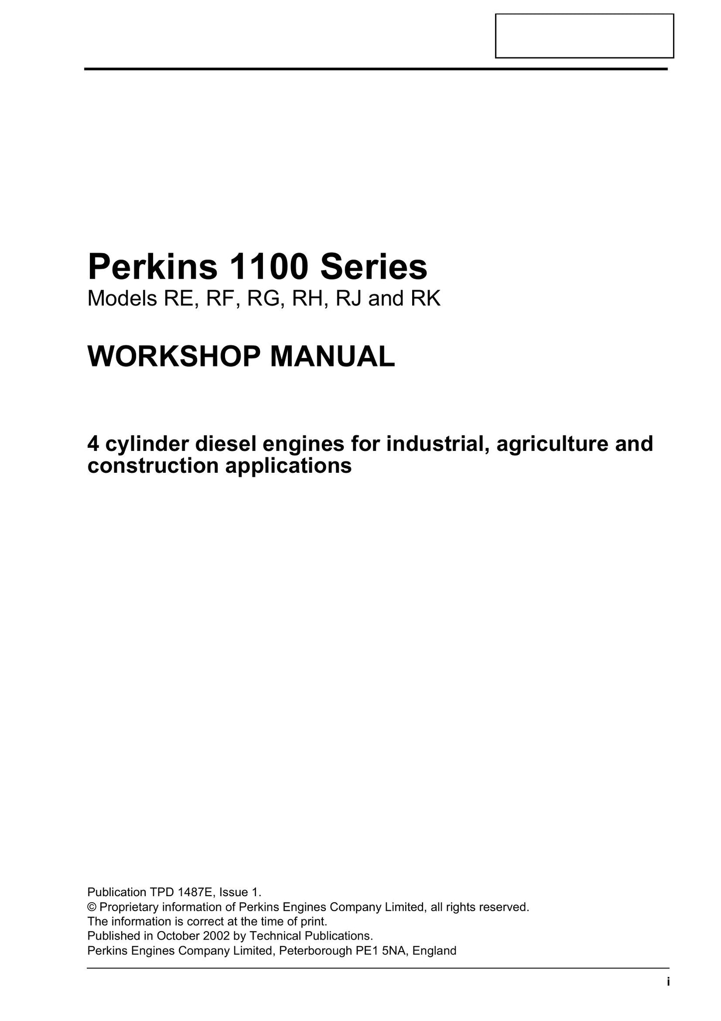 Perkins RE RF RG RH RJ RK Engine Workshop Manual TPD 1487E