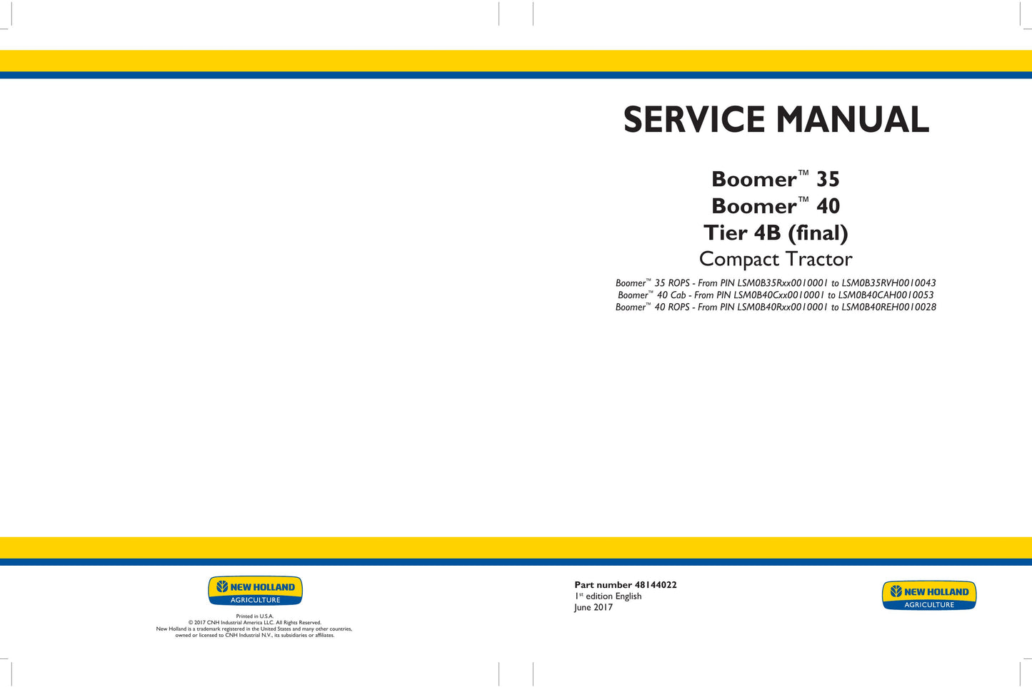 New Holland Boomer 35 Boomer 40 Compact Tractor Factory Workshop Service Manual 48144022