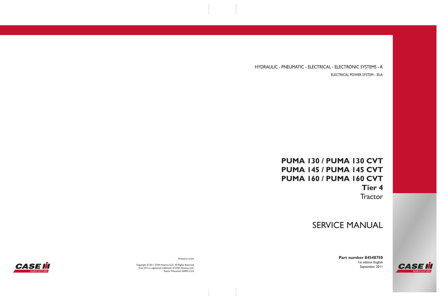 CASE PUMA 130 PUMA 130 CVT PUMA 145 PUMA 145 CVT PUMA 160 PUMA 160 CVT Tractor Factory Workshop Service Manual 84548749