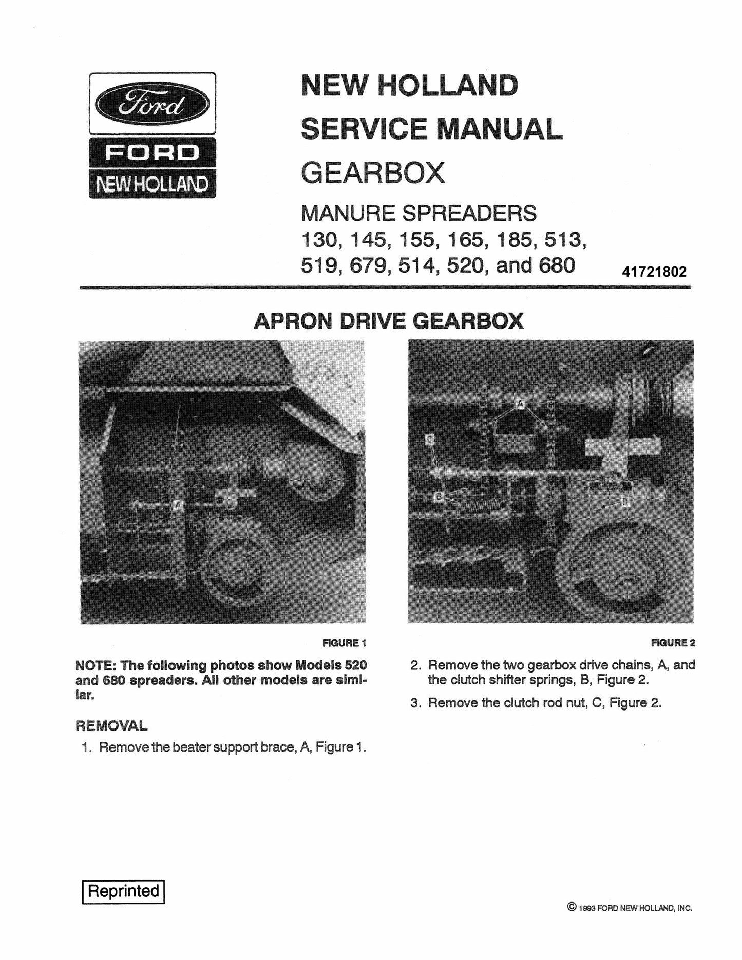 New Holland 130 145 155 165 185 513 514 519 520 679 680 Manure Spreader Factory Workshop Service Manual 41721802