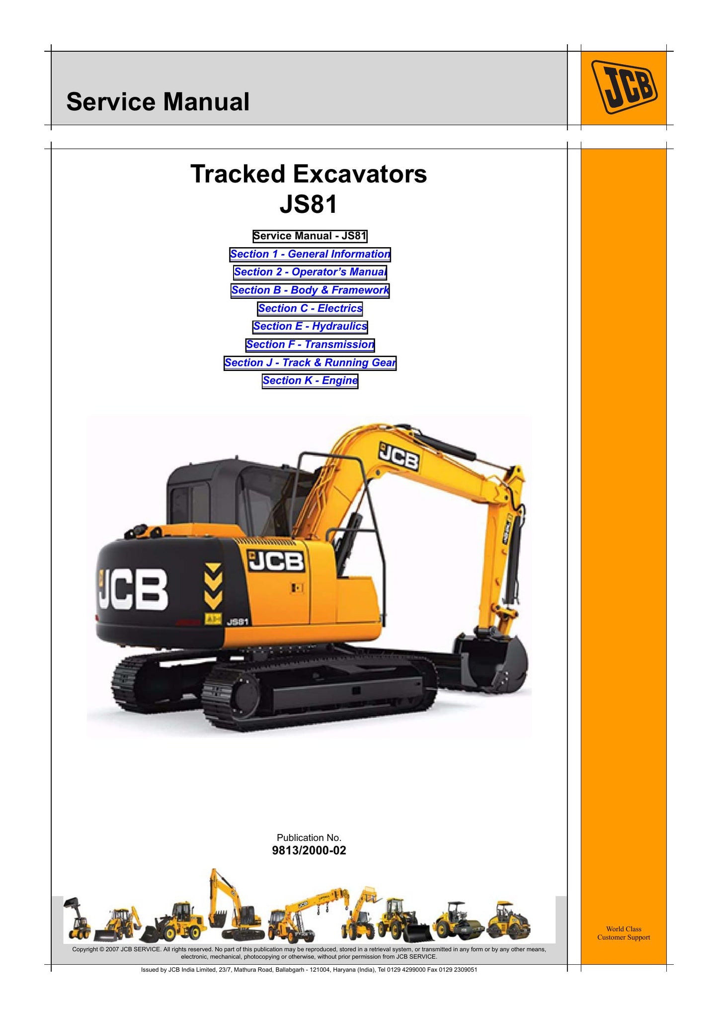 JCB JS81 Tracked Excavator Factory Workshop Service Manual 9813/2000