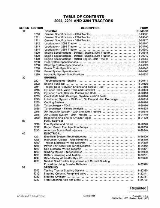 CASE 2094 2294 3294 Tractor Factory Workshop Service Manual Rac 8-24901