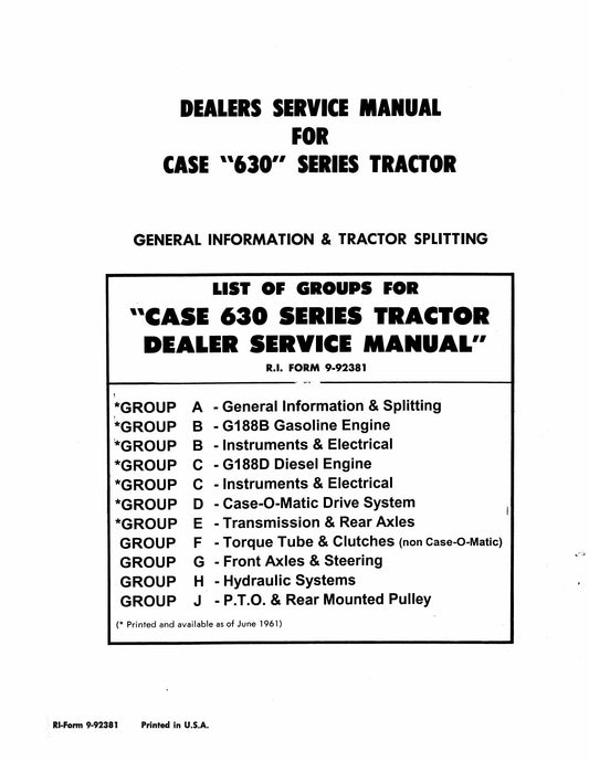 CASE 630 Tractor Factory Workshop Service Manual R.I. FORM 9-92381