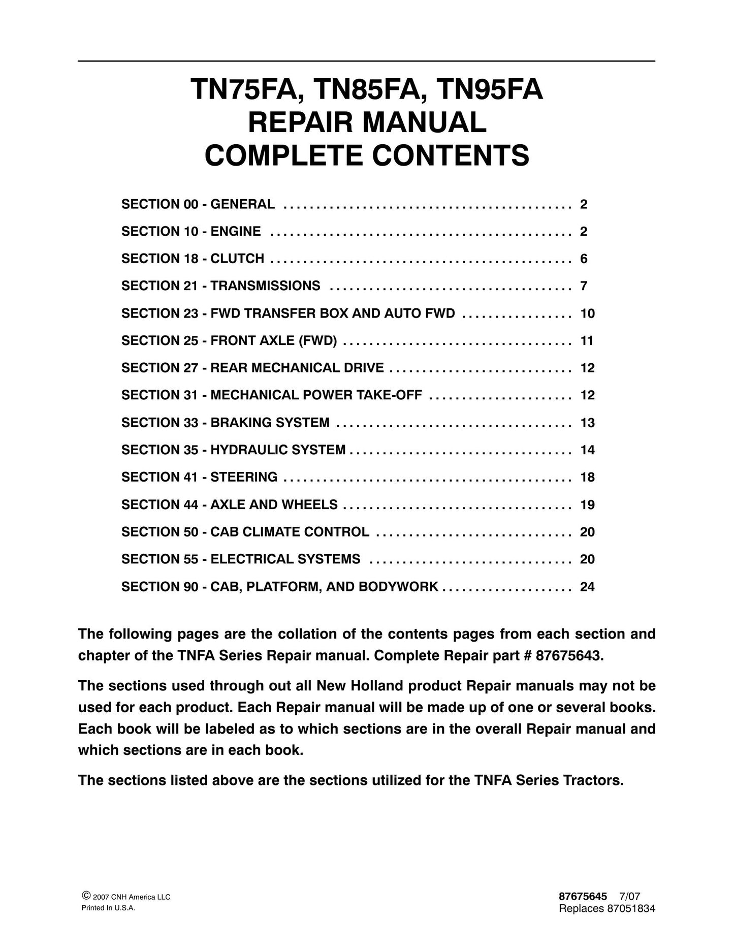 New Holland TN75FA TN85FA TN95FA Tractor Factory Workshop Repair Manual 87675645