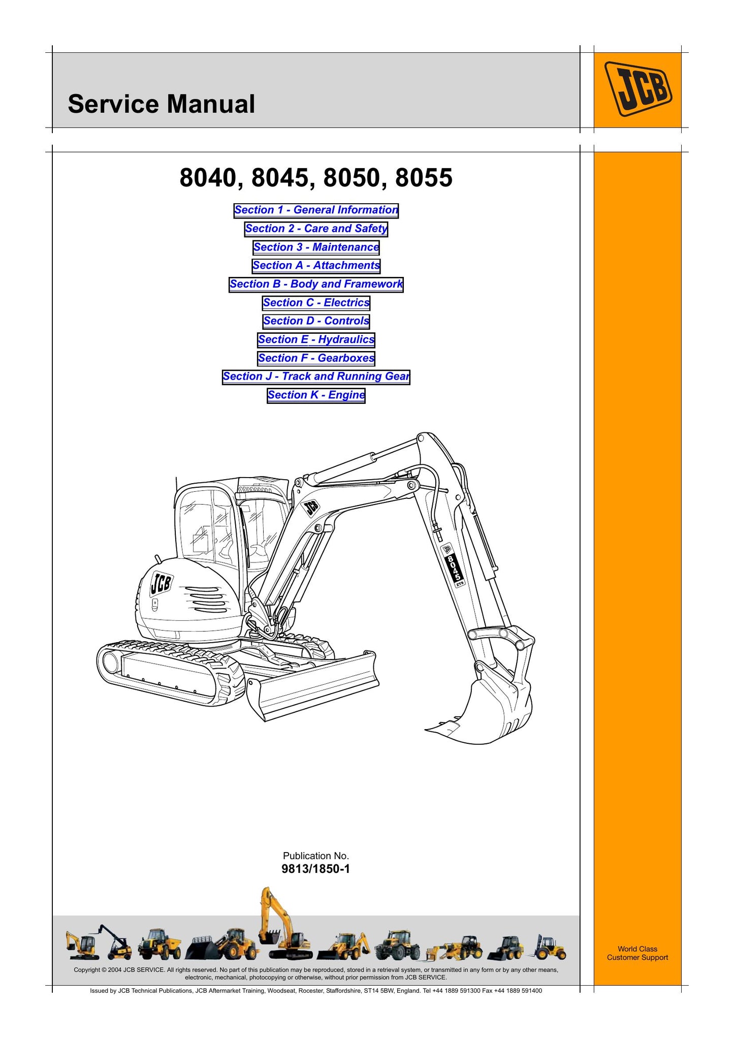 JCB 8040 8045 8050 8055 Mini Excavator Factory Workshop Service Manual 9813/1850-1