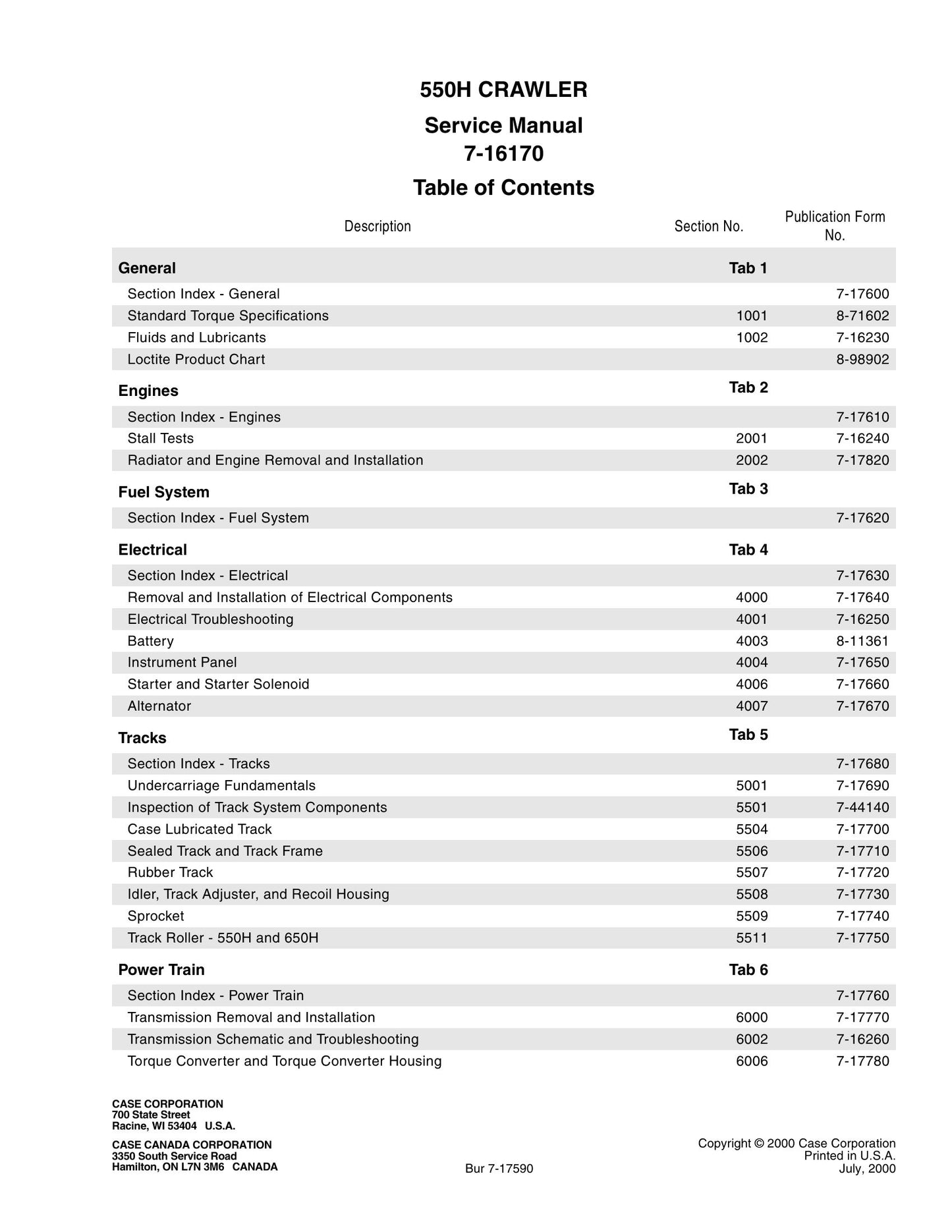 CASE 550H Crawler Factory Workshop Service Manual 7-16170