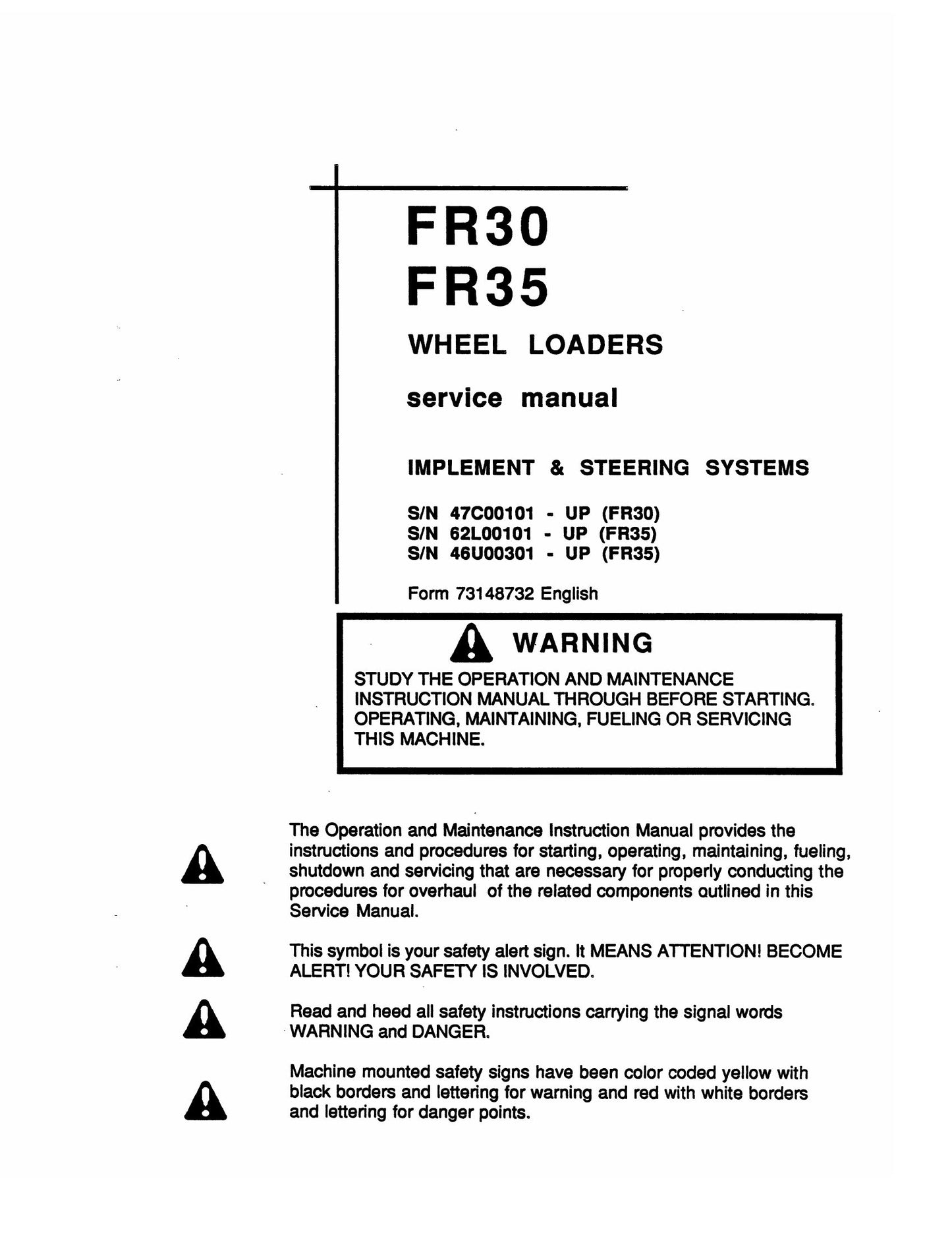 FIATALLIS FR30 FR35 Wheel Loader Factory Workshop Service Manual 73148732