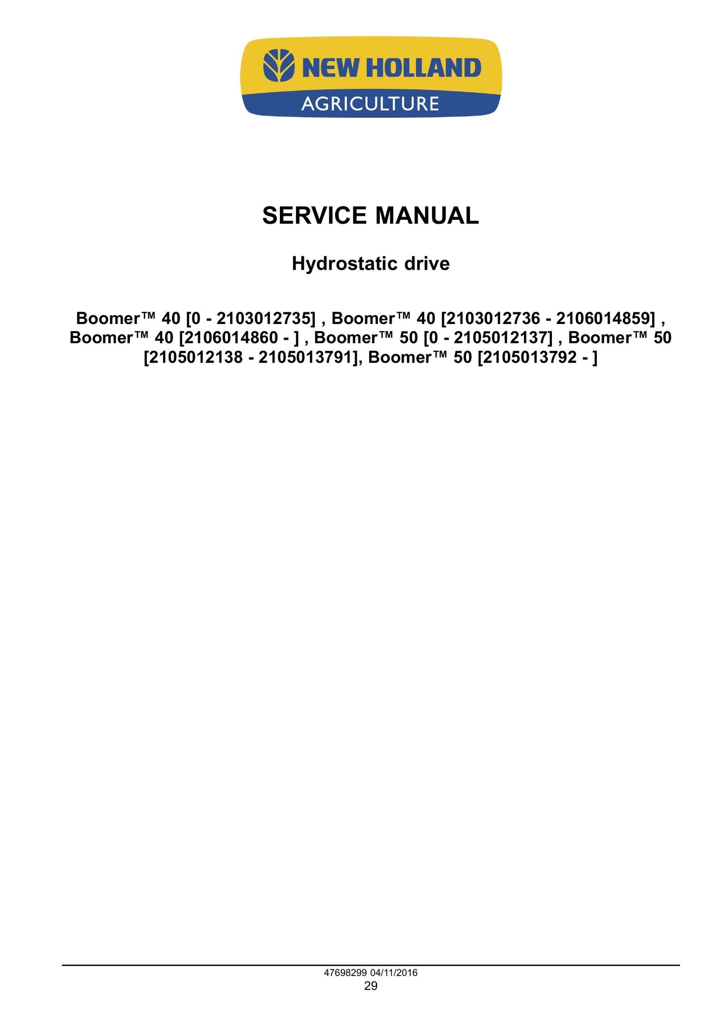 New Holland Boomer 40 Boomer 50 Compact Tractor Factory Workshop Service Manual 48080049
