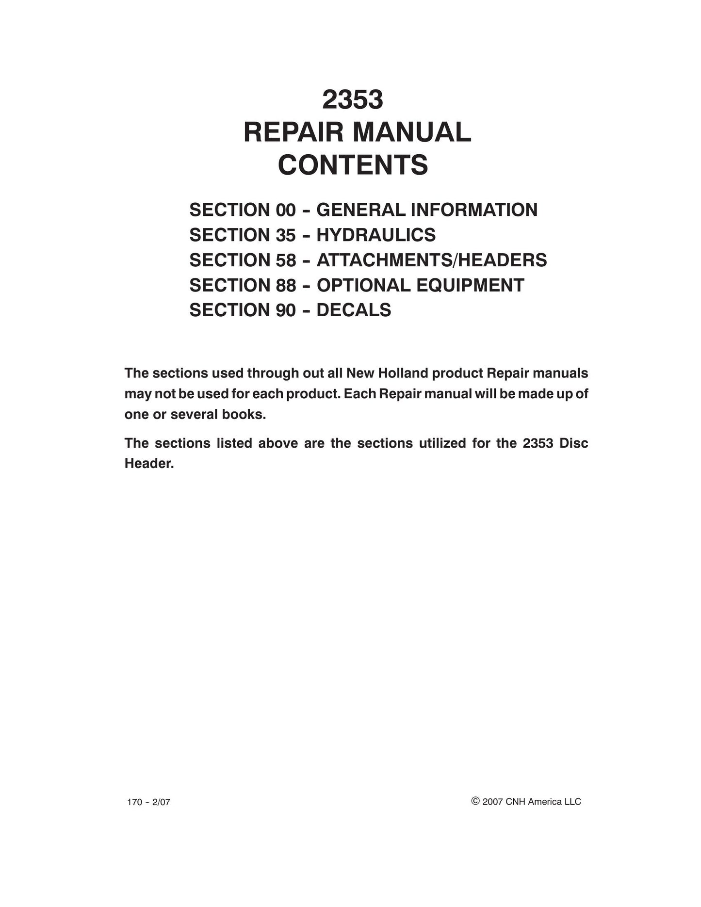 New Holland 2353 Disc Header Factory Workshop Repair Manual