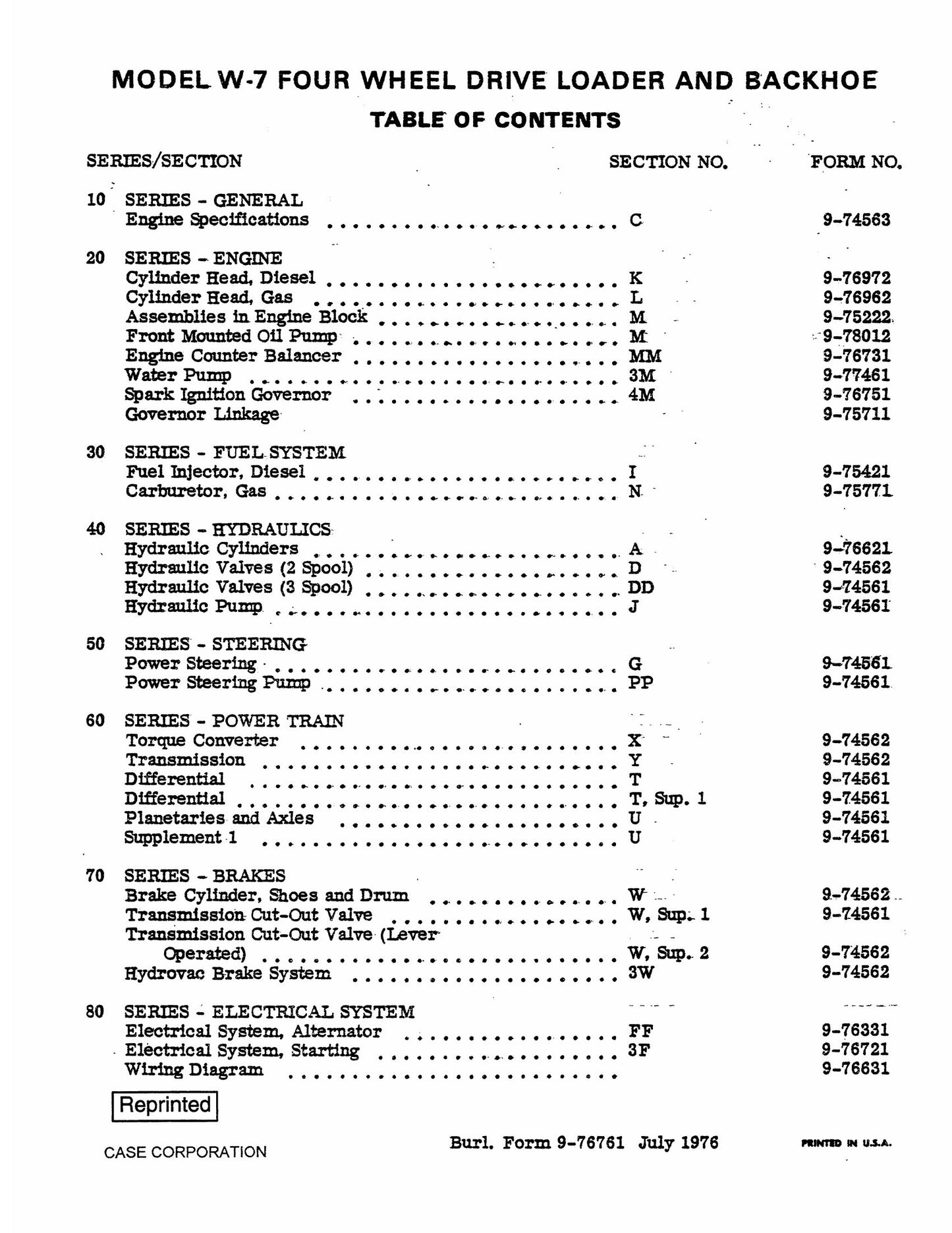 CASE W7 Backhoe Loader Factory Workshop Service Manual 9-76762