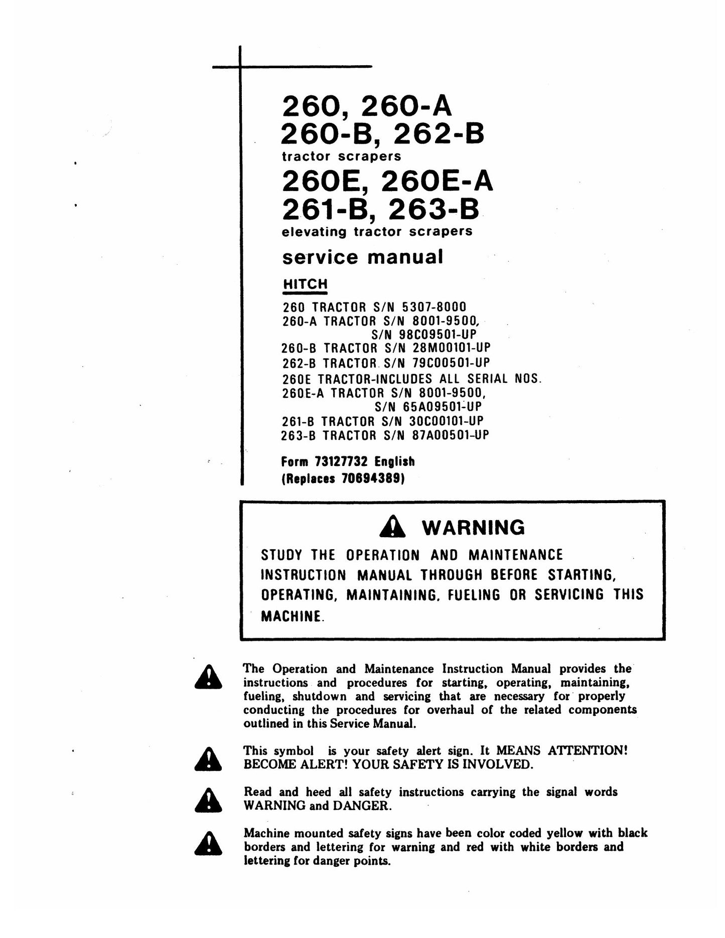 FIATALLIS 260 260-A 260-B 262-B 260E 260E-A 261-B 263-B Tractor Scrapers Factory Workshop Service Manual 73127732