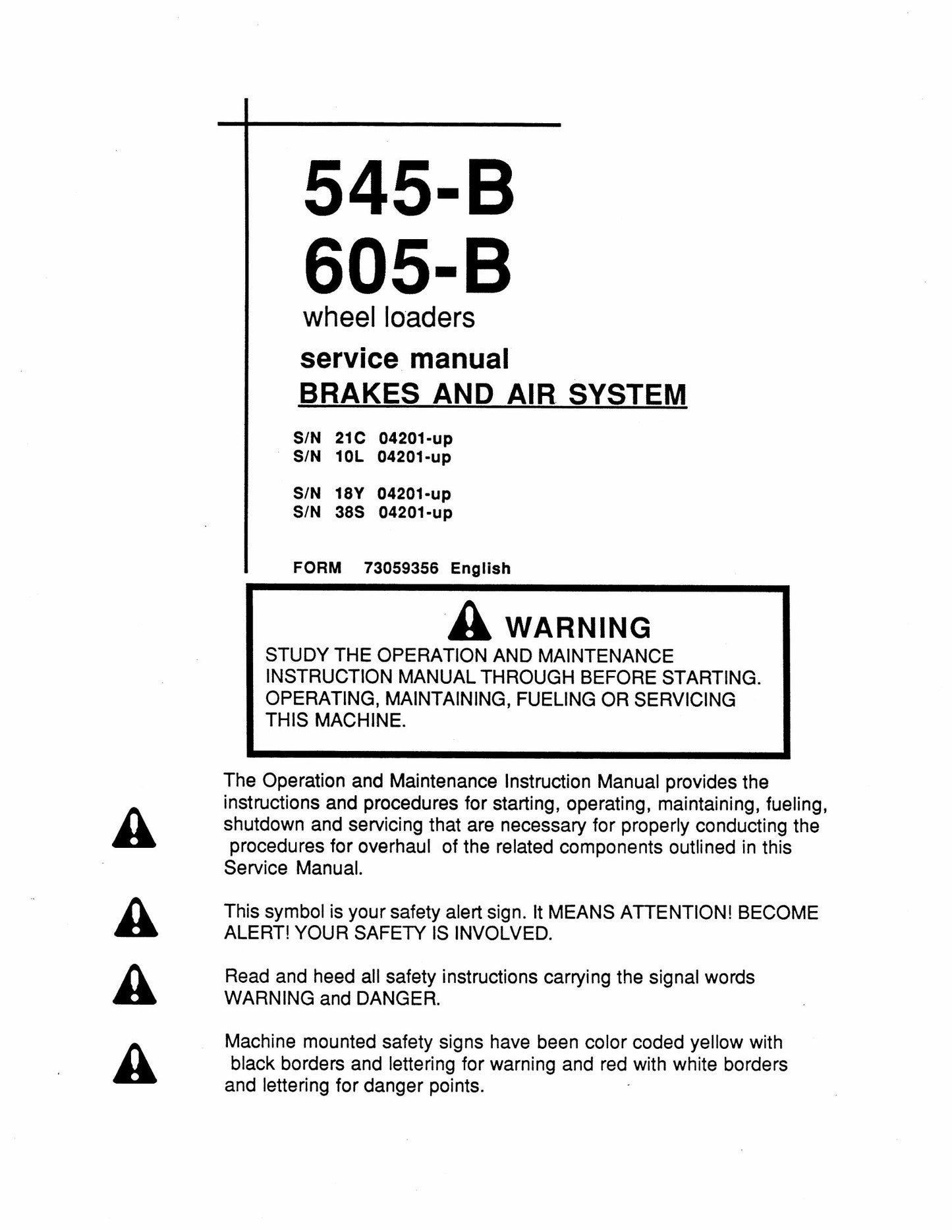 Fiat-Allis 545-B 605-B Wheel Loader Factory Workshop Service Manual 73059356