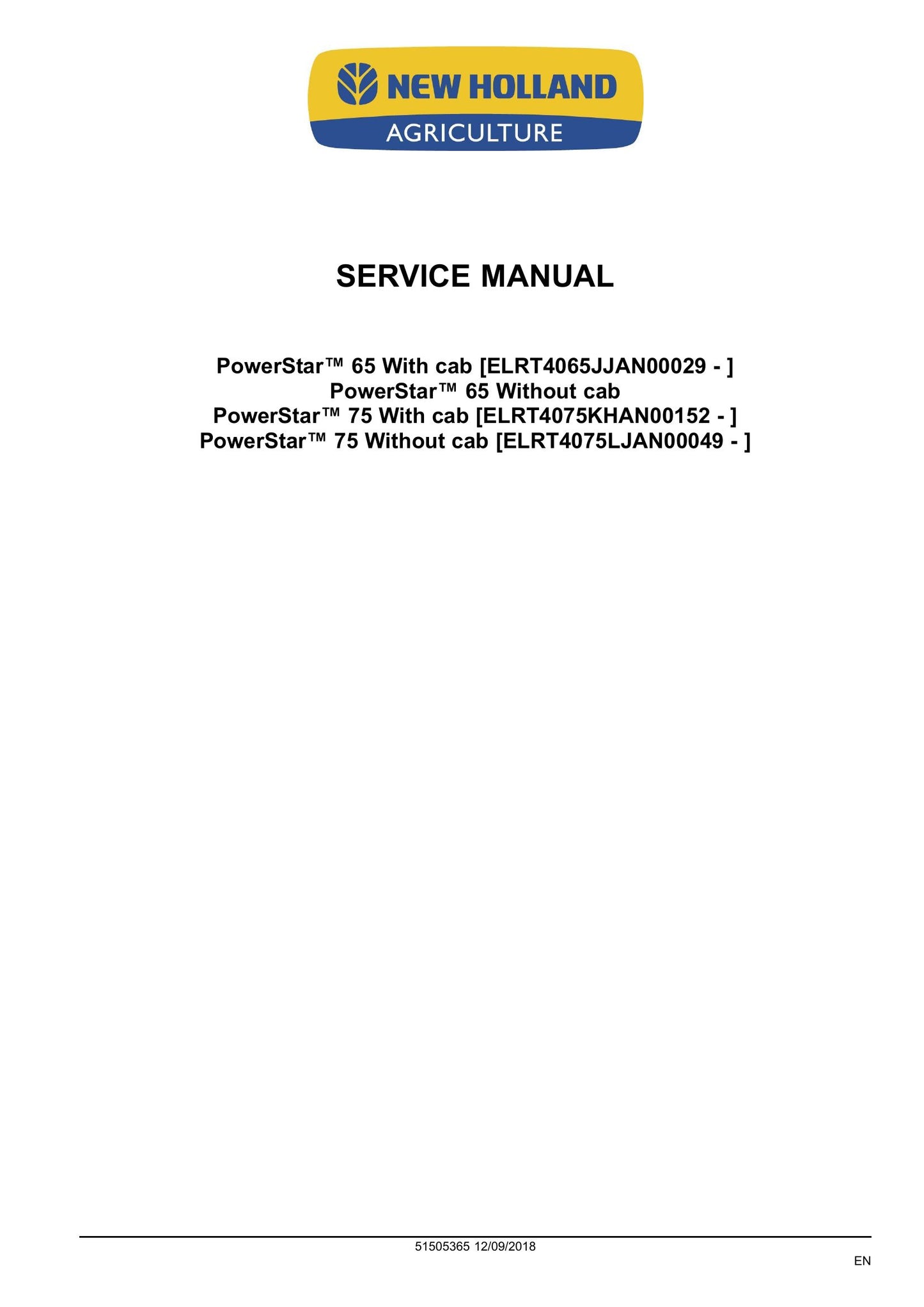 New Holland PowerStar 65 PowerStar 75 Tractor Factory Workshop Service Manual 51505365