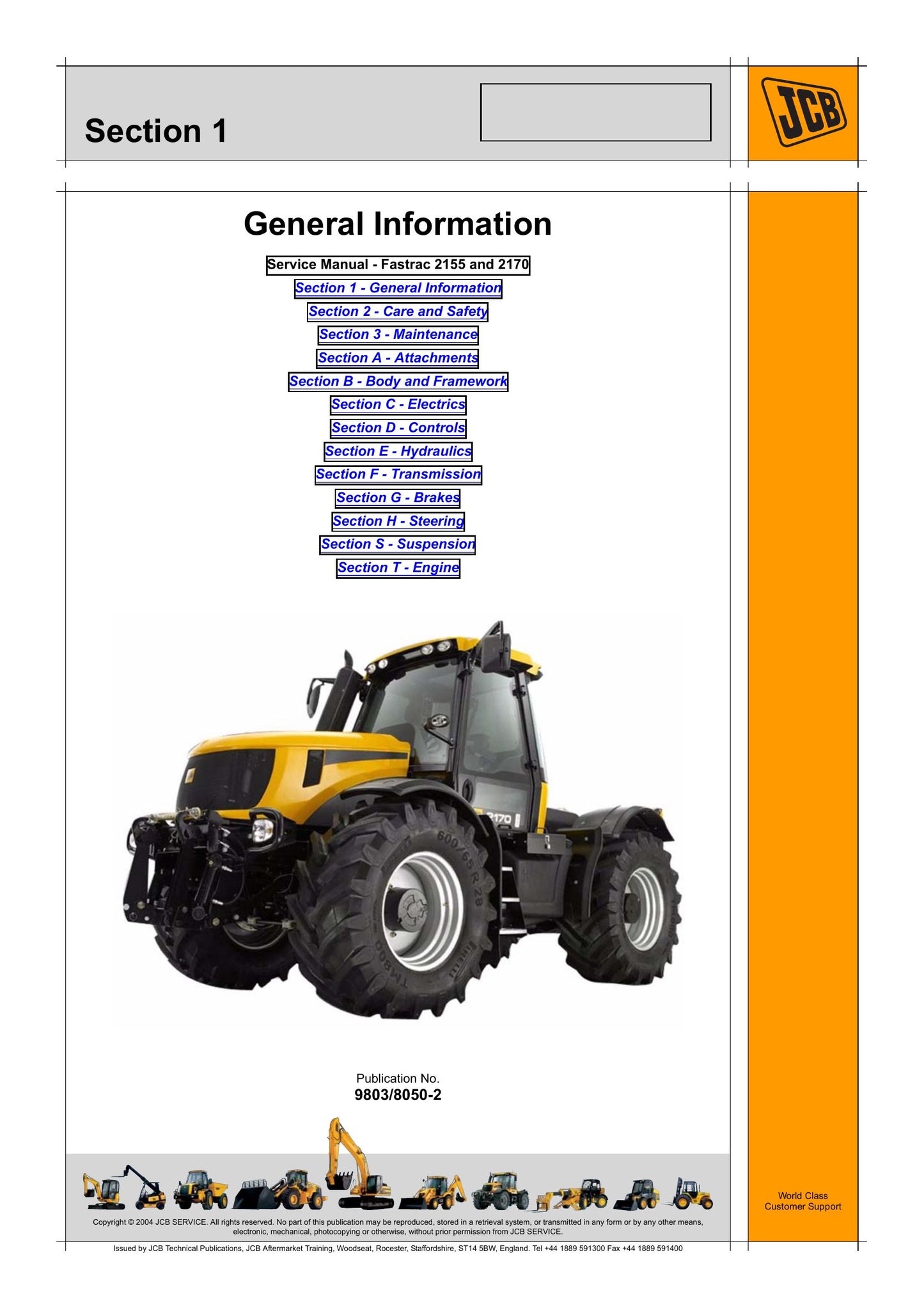 JCB 2155 2170 Tractor Factory Workshop Service Manual 9803/8050
