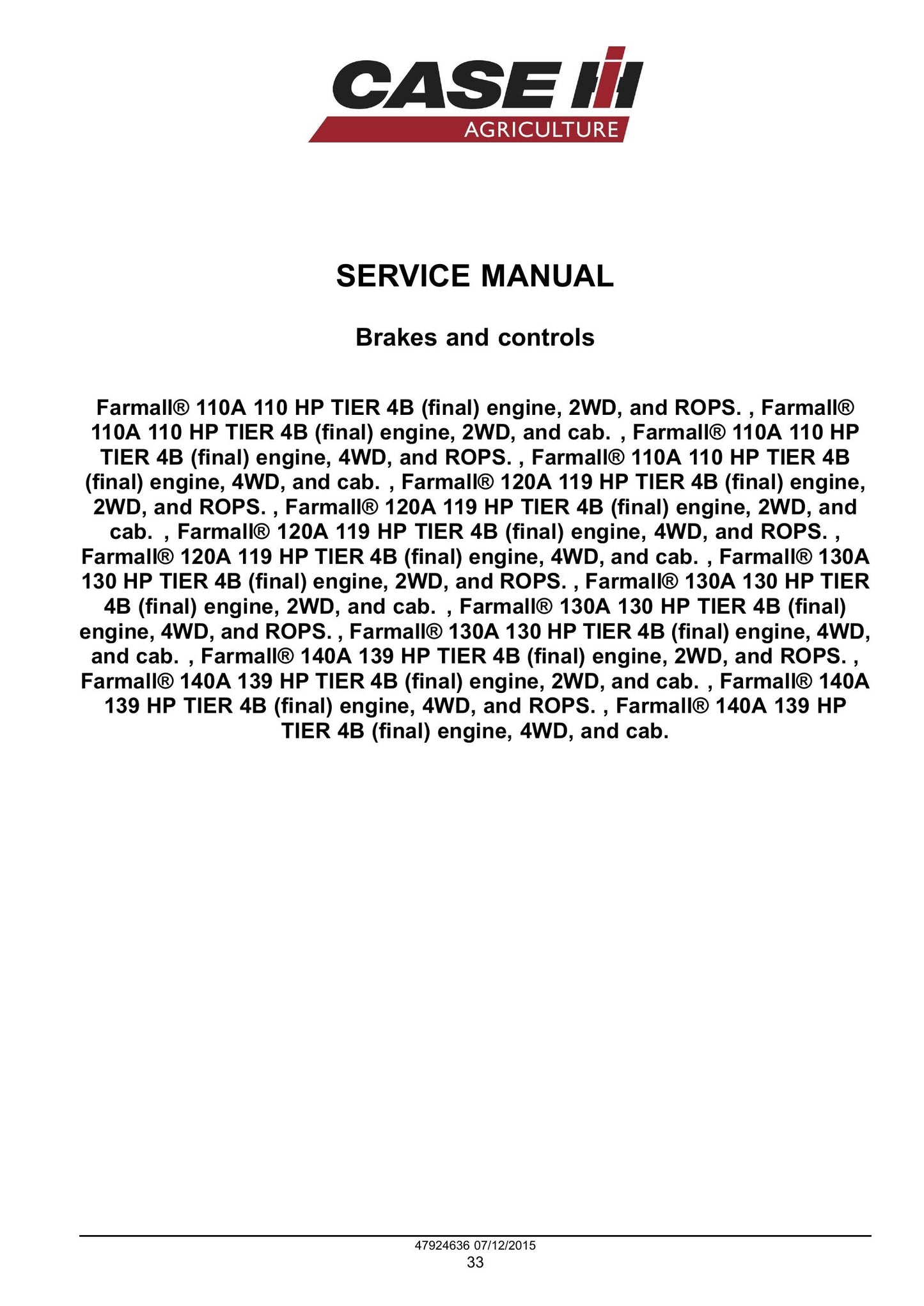 CASE Farmall 110A Farmall 120A Farmall 130A Farmall 140A Tractor Factory Workshop Service Manual 47955973